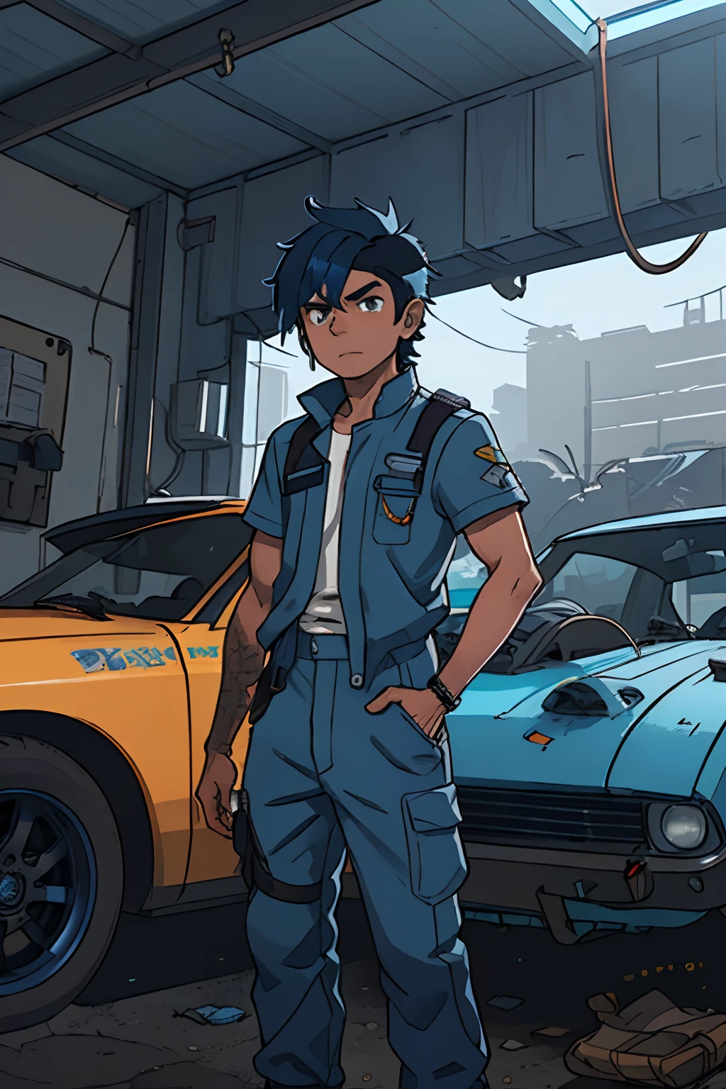masterpiece, 4k, detailed, wide shot, game key art, splash art, concept, outdoors, 1boy, 1man, a mechanic, young indian man, short spiky blue hair wearing a coveralls, working on a sci-fi, cyberpunk vehicle in a garage, moody lighting, dramatic lighting, outdoors
