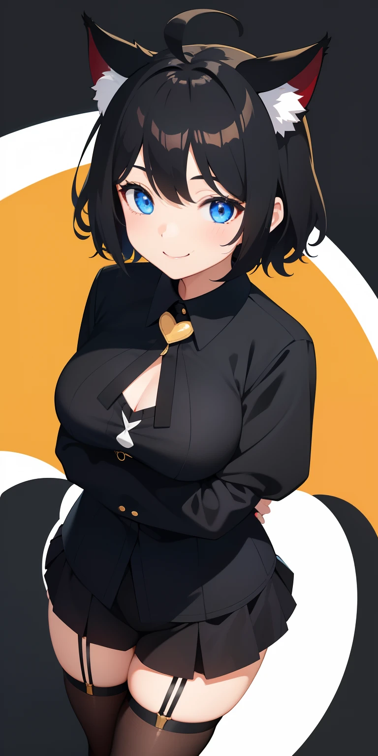 girl with、((Best Quality, high_resolution, Distinct_image)),(Black hair), (Black cat ears), (Ahoge), (absurdly short hair), (Wavy Hair), (Blue eyes),、A smile、mideum breasts、Heart pupil、fullllbody、Background Simple、