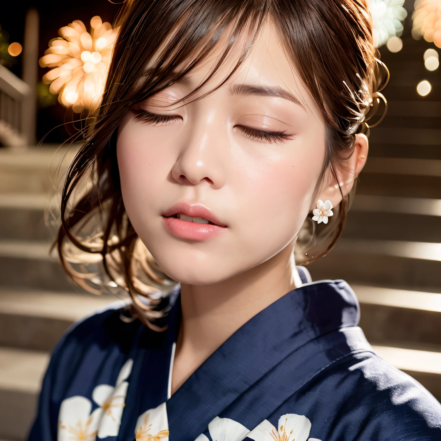(masterpiece:1.3), high resolution, ultra detailed, extremely detailed CG unity 8k wallpaper, realistic, photo-realistic, RAW photo, beautiful detailed face, pale skin, realistic glistening skin, detailed cloth texture, detailed hair texture, Perfect body, Beautiful Face, accurate, Anatomically correct, Highly detailed face and skin texture, natural neck length, (beautiful hands), (fair skin:1.2), Thin legs, Thin feet, (well-aligned teeth:1.1), sweaty skin,
BREAK,
Detailed eyes, symmetric eyes, Light Brown eyes, Thin eyebrows, (Glossy lips:1.4), (Closed eyes:1.3), (blush:1.2), (A sparkling small hair accessory:1.1),
BREAK,
(A classy girl:1.3), (Wearing (a navy yukata:1.2) with white flower patterns),
BREAK,
((Close up shot:1.3)),
medium breasts, slender figure, firm abs,
((updo hairstyle, Dark blonde hair, wavy hair, long hair, asymmetric bangs:1.2)),
BREAK,
((Standing on the Stairs with clinging to me:1.2)), ((Countless colorfully fireworks are bursting in the night sky behind in riverside terrace:1.1)),