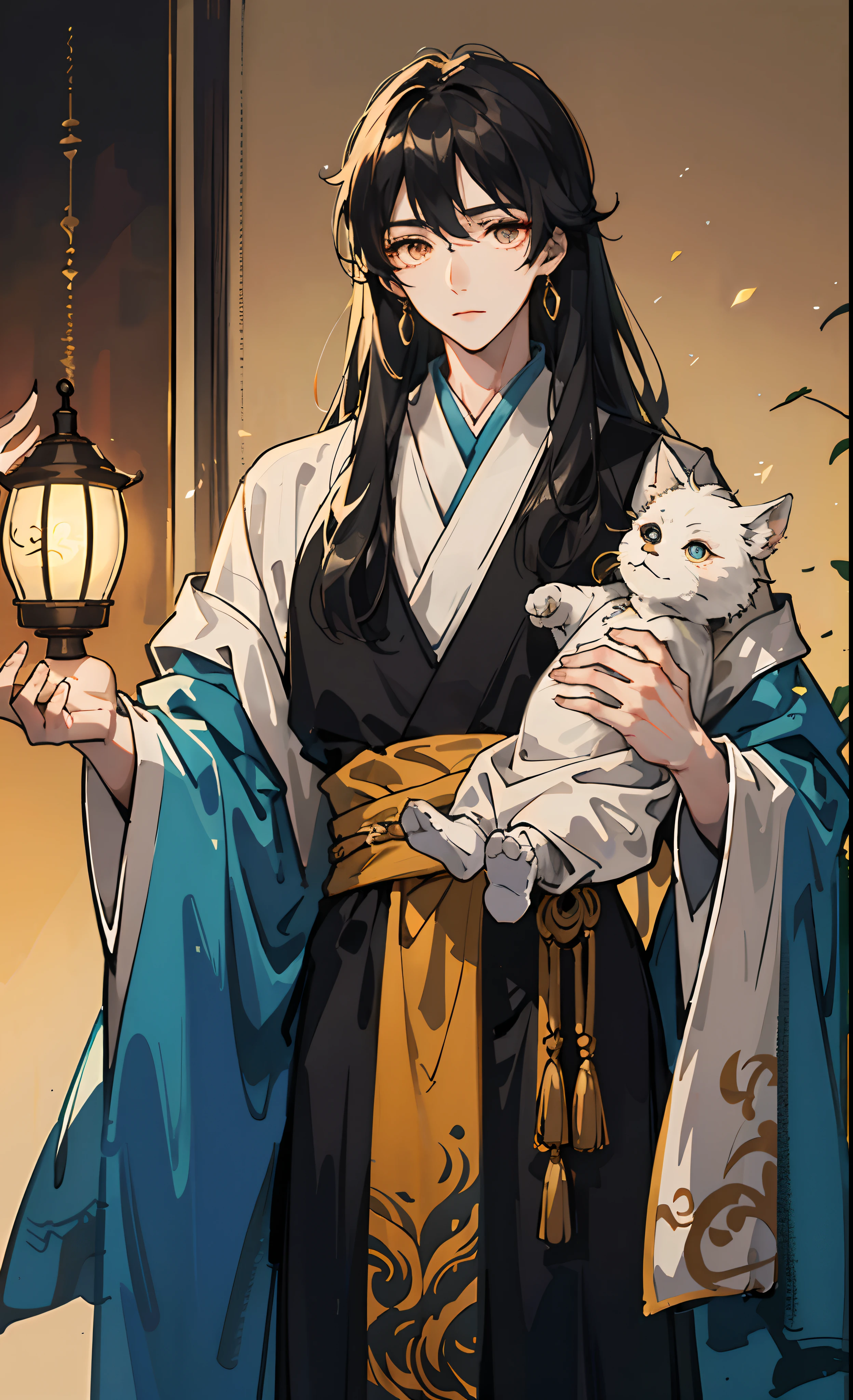 Tall，Man in costume，long whitr hair，年轻，eyes with brightness，Carry the lamp，Warm colors