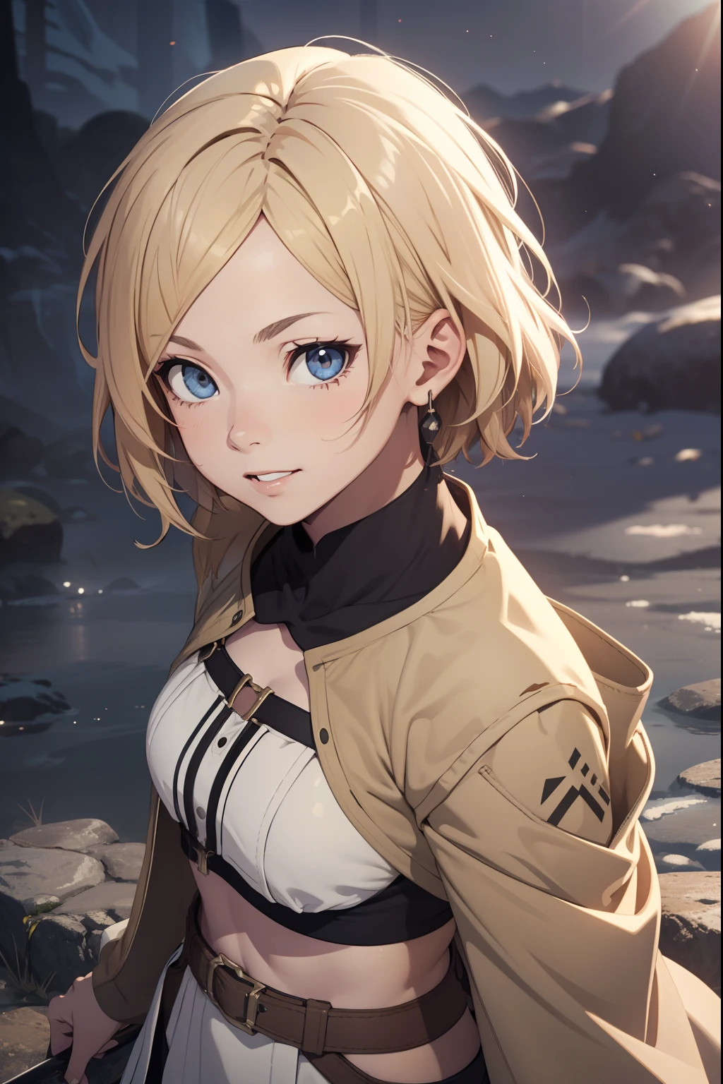 1girl, ChopioSara, blonde hair, short hair, parted bangs, brown jacket, shoulder cutout, white bow, white dress, waist belt, loose sleeves, medium breasts, happy, sunny, lens flare, cobblestone, 
BREAK looking at viewer, BREAK masterpiece, best quality, high resolution, unity 8k wallpaper, illustration, extremely detailed face, perfect lighting, simple background, upper body, from above, highest quality, high resolution.