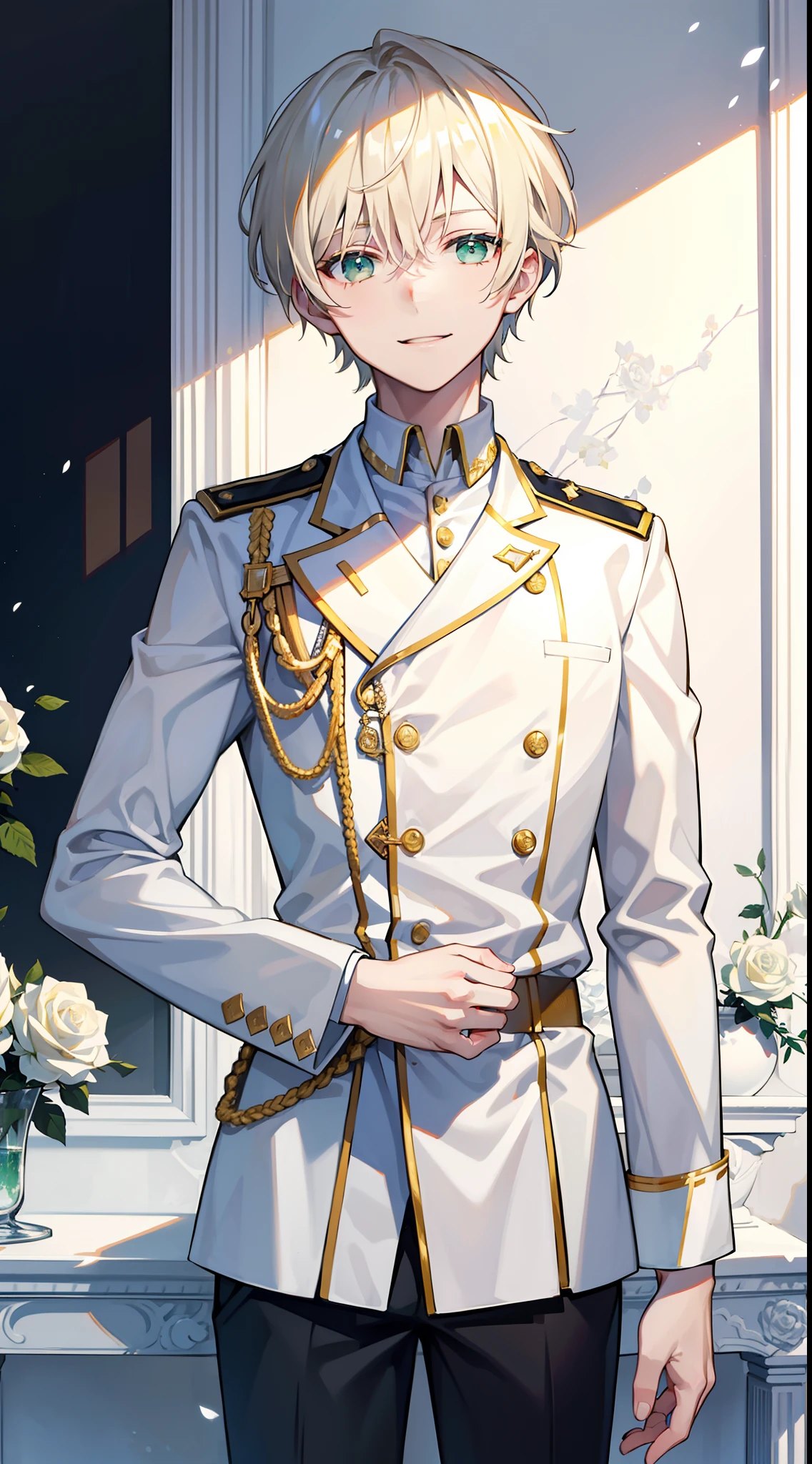 Young guy, short blonde hair with white strands, Green eyes, white officer's uniform, ssmile, White rose in hand, Crystal Rose, Masterpiece, hiquality