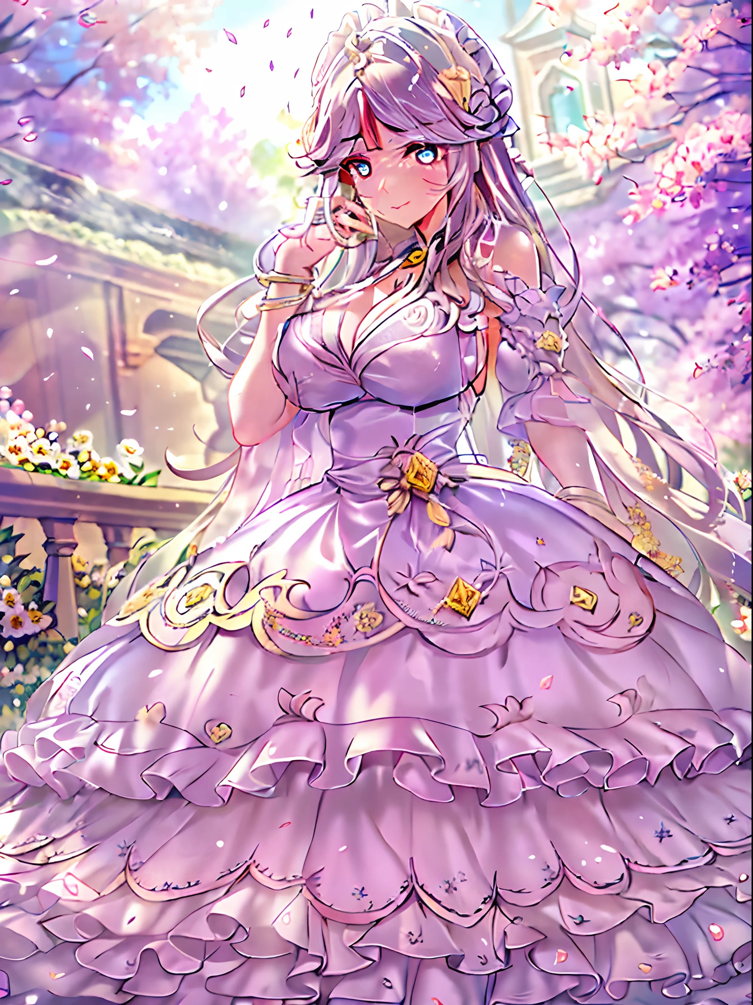 ((Anime Art Style)),(masutepiece),(Best Quality), (Super Detail),((Very delicate and beautiful)),(((Solo))),((Full body)),(((One princess in a voluminous full-length hoop skirt and a fancy ta dress))),((Stand in the garden)),Long Train,((Colossal tits,Long Boobs)),cleavage,(Glitter Gorgeous Gemstone Jewelry),Detailed face and eyes,Eyes Like Gems,cry,((Large amount of straight hair,Very voluminous、Very long straight hair)),(gorgeous embroidery and lace),Gorgeous corsage,See-through,((Very gorgeous Loliair ornament)),Tiara adorned with glitter and very gorgeous jewels,ornate ruffles,Beautiful embroidery,(hoop skirt,crinoline),Flowers, Petals flow,((Dynamic Angle)),Looking at Viewer,((Full body)),Sweet Lolita d with voluminous full-length hoop skirt