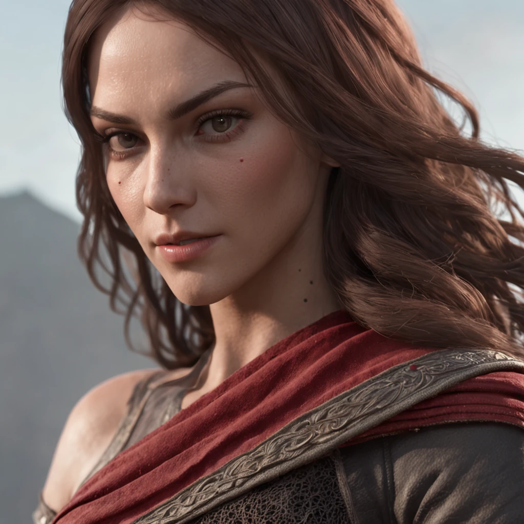 Uma personagem feminina (mulher com cabelo escuro longo e ondulado, roupa de cor vermelha estilo vitoriano, Tamirys Lino, de Assassin's Creed, Realistic, High_resolution, 4k, intrincado, altamente detalhado, cinemactic