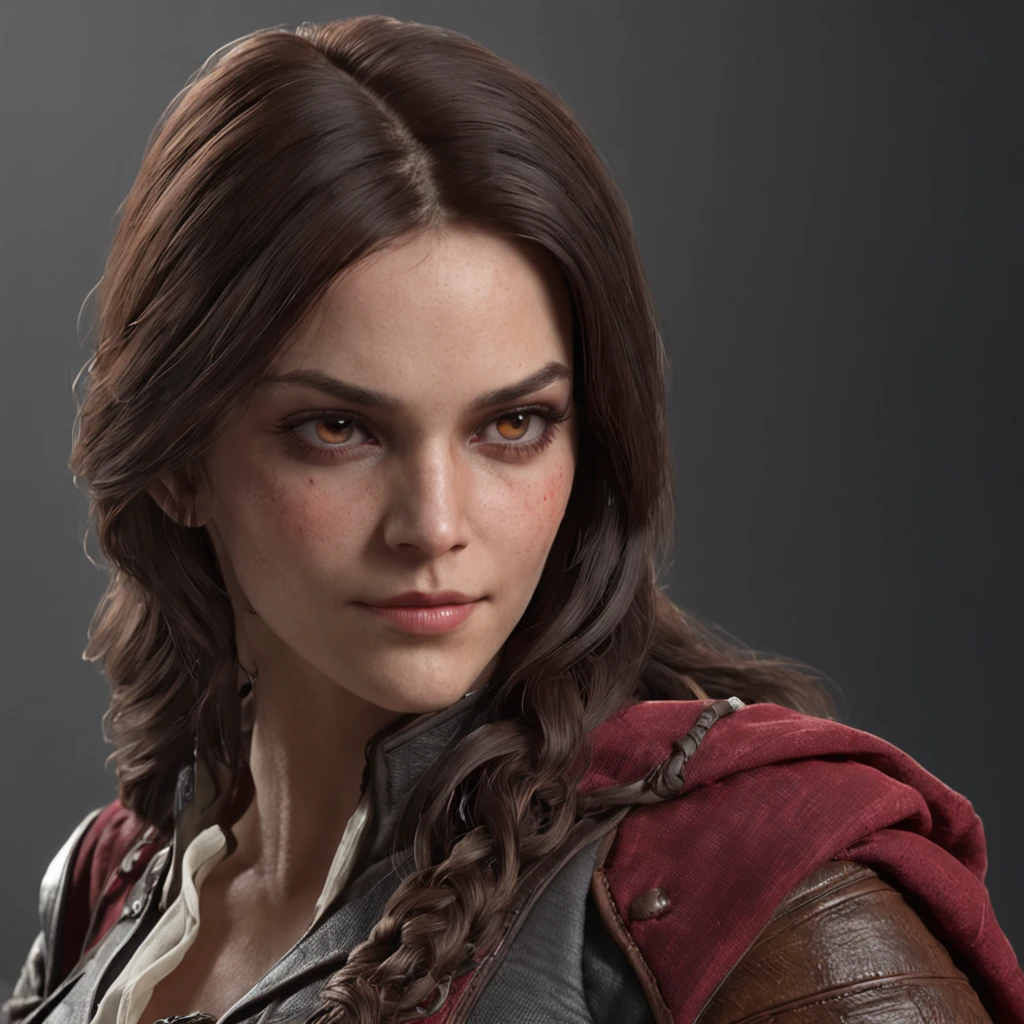 Uma personagem feminina (mulher com cabelo escuro longo e ondulado, roupa de cor vermelha estilo vitoriano, Tamirys Lino, de Assassin's Creed, Realistic, High_resolution, 4k, intrincado, altamente detalhado, cinemactic