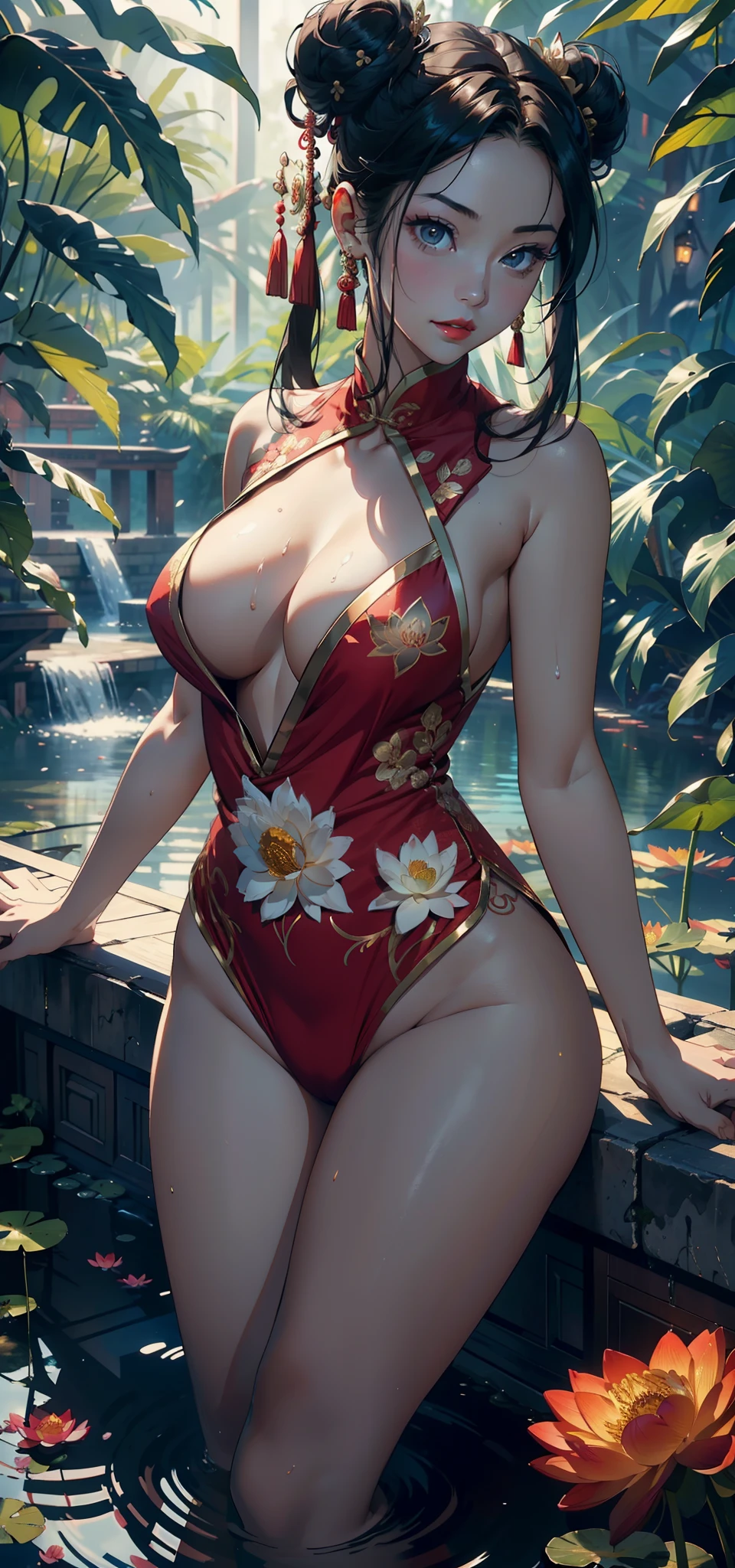 1female，36 years old，熟妇，mature，Bigchest，Big breasts Thin waist，long leges，Raised sexy，Pornographic exposure， 独奏，（Background with：Surrounded by lotus flowers，the rainforest，Lotus pond） She has short black hair，standing on your feet，Sweat profusely，drenched all over the body，seen from the front， hair straight， mostly cloudy sky，（（（tmasterpiece），（Very detailed CG unity 8K wallpaper），best qualtiy，cinmatic lighting，detailed back ground，beatiful detailed eyes，Bright pupils，（Very fine and beautiful），（Beautiful and detailed eye description），Black eyes，Redlip，ultra - detailed，tmasterpiece，）），facing at camera，（The upper part of the body），A high resolution，ultra - detailed），revealing breasts，Bare genitalia，  Bulge，legs are open，sexyposture，Camel toes，Flushed complexion，Open-mouthed，frontage，China Princess，double bun hair，Lotus hair ornaments（Wearing：Red cheongsam，Gold wire embroidery）