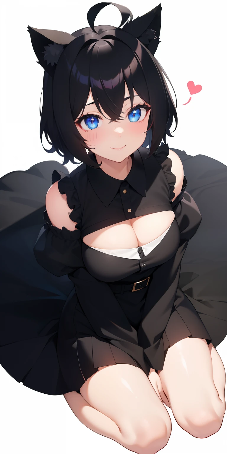 girl with、((Best Quality, high_resolution, Distinct_image)),(Black hair), (Black cat ears), (Ahoge), (absurdly short hair), (Wavy Hair), (Blue eyes),、A smile、mideum breasts、Heart pupil、fullllbody、Background Simple、