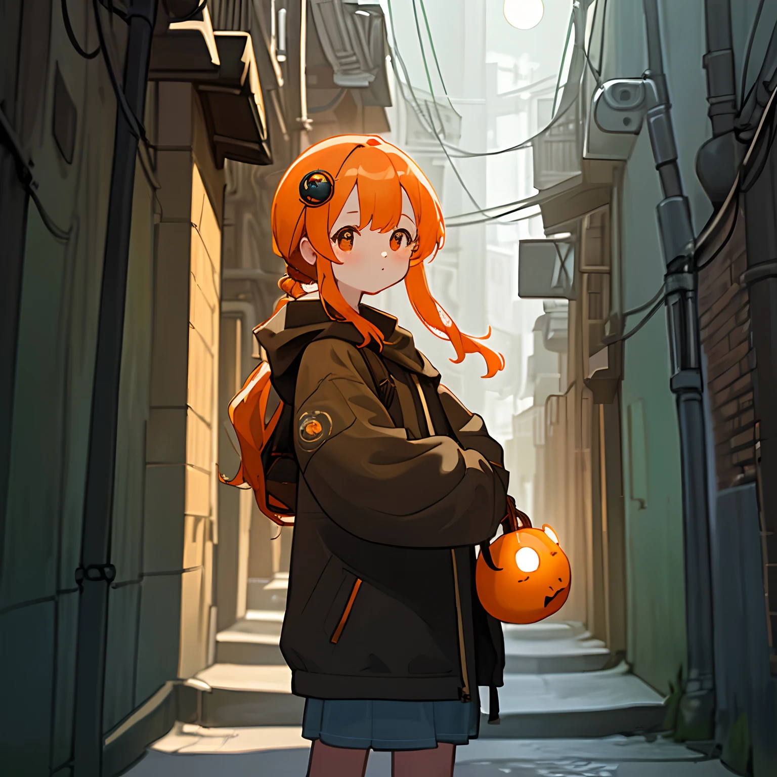 girl with, an orange, cute little, big eye, ​masterpiece, fullmoon, alleyway, Boken