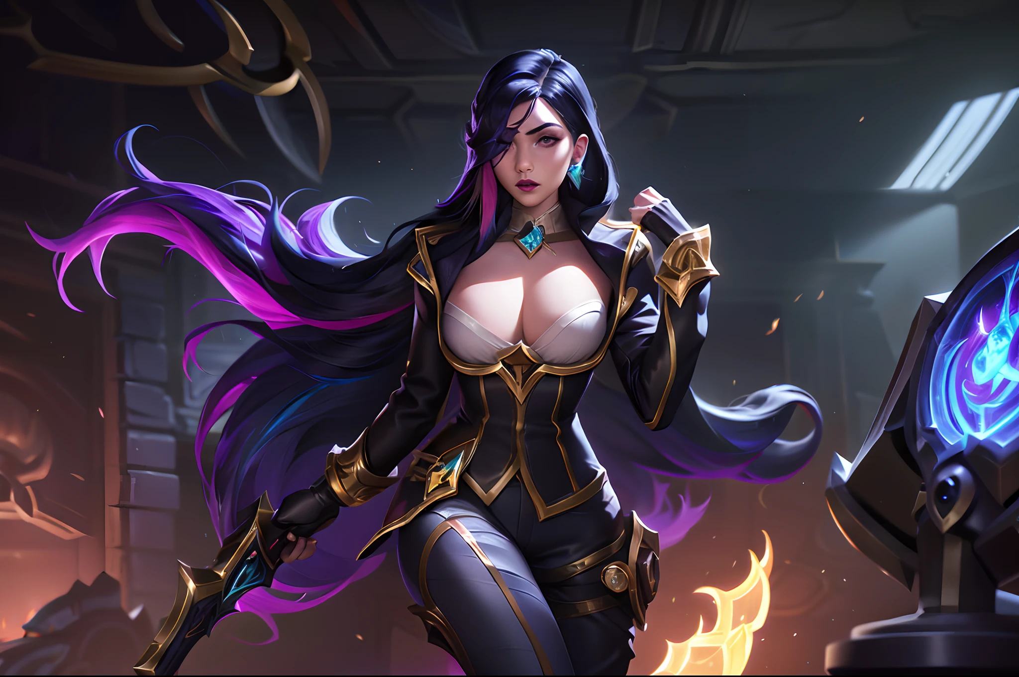 (League of Legends:1.5), high noon samira skin, 1girl, solo, long hair, breasts, black hair, gloves, holding, jewelry, medium breasts, jacket, weapon, braid, white hair, multicolored hair, earrings, boots, black gloves, pants, indoors, holding weapon, two-tone hair, gun, eyepatch, holding gun, aircraft, firing