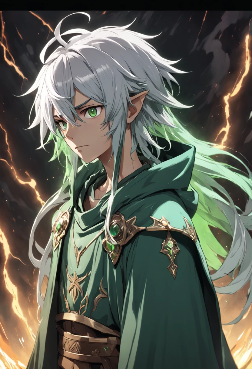 male people，One with a staff，Wear a brown-green robe，Close-up of a man in armor，Light armor，Silver armor，Storm with lightning reflection armor，alchemist，magestic，saints，He has white hair，cyan pupils，With a withered corolla on the head，The hood with a flower crown pattern half-covers the face。, Dressed in medieval alchemist robes, The eye color is one green and one green, whaite hair, Asymmetrical hair, Hood up, Head withered garland, mismatched pupils, covering ears, Thinking, contemplative, Lonely, Determined, disdain, High detail, anime big breast, Chiaroscuro, Cinematic lighting, character sheets, reference sheet, hyper HD, Masterpiece, ccurate, Textured skin, High details, Best quality, A high resolution