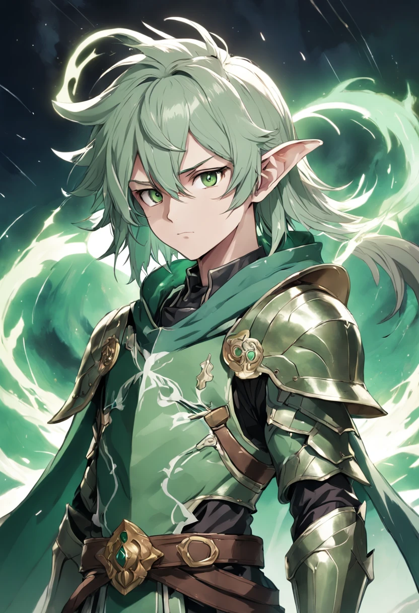 male people,One with a staff,Wear a brown-green robe,Close-up of a man in armor,Light armor,Silver armor,Storm with lightning reflection armor,alchemist,magestic,saints,He has white hair,cyan pupils,With a withered corolla on the head,The hood with a flower crown pattern half-covers the face。, Dressed in medieval alchemist robes, The eye color is one green and one green, whaite hair, Asymmetrical hair, Hood up, Head withered garland, mismatched pupils, covering ears, Thinking, contemplative, Lonely, Determined, disdain, High detail, anime big breast, Chiaroscuro, Cinematic lighting, character sheets, reference sheet, hyper HD, Masterpiece, ccurate, Textured skin, High details, Best quality, A high resolution