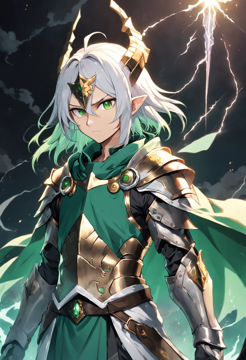 male people,One with a staff,Wear a brown-green robe,Close-up of a man in armor,Light armor,Silver armor,Storm with lightning reflection armor,alchemist,magestic,saints,He has white hair,cyan pupils,With a withered corolla on the head,The hood with a flower crown pattern half-covers the face。, Dressed in medieval alchemist robes, The eye color is one green and one green, whaite hair, Asymmetrical hair, Hood up, Head withered garland, mismatched pupils, covering ears, Thinking, contemplative, Lonely, Determined, disdain, High detail, anime big breast, Chiaroscuro, Cinematic lighting, character sheets, reference sheet, hyper HD, Masterpiece, ccurate, Textured skin, High details, Best quality, A high resolution
