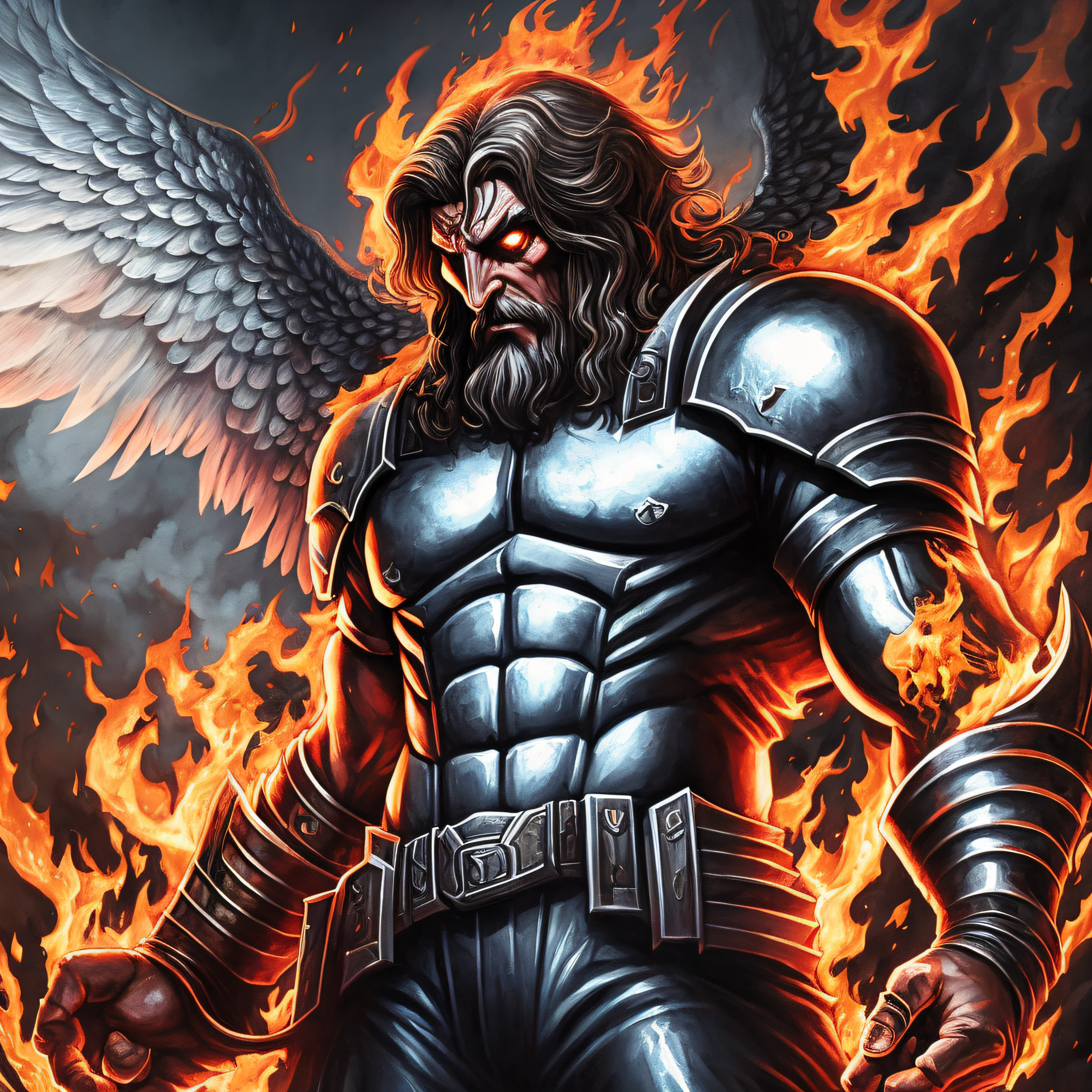 Arfed image of a man with a beard and demon face, jesus christ fighting lucifer, diabo versus anjo, fazendo um acordo com o diabo, heaven vs hell, anjo versus diabo, angels vs demons, batalha entre o bem e o mal, satan in hell, jesus christ is the doom slayer, A batalha final no inferno, o bem contra o mal, o bem contra o mal