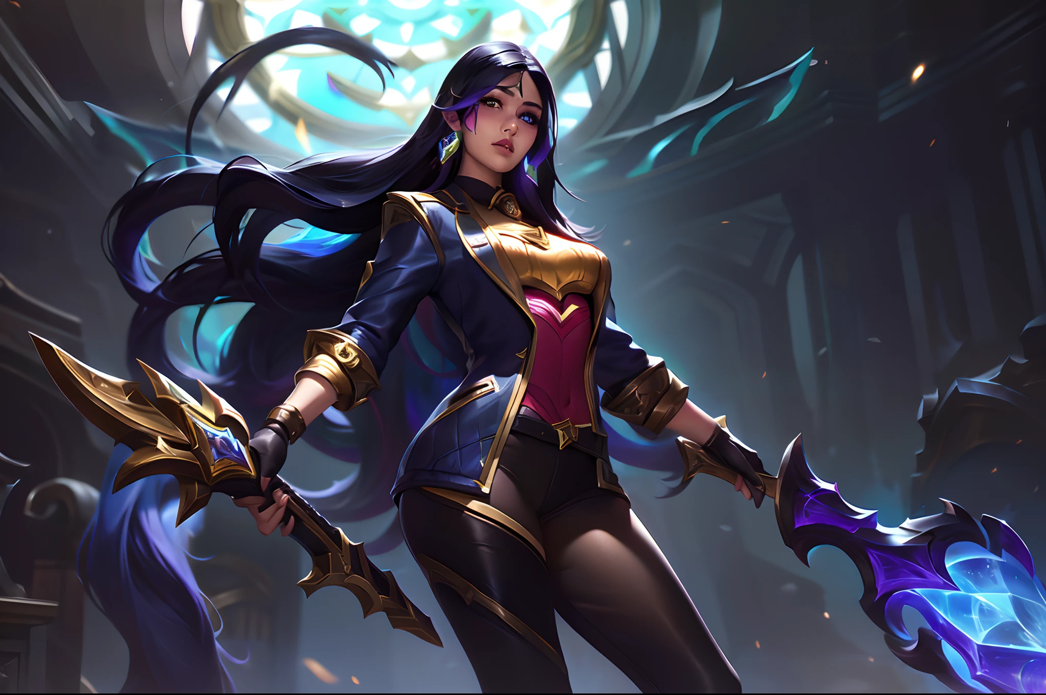 (League of Legends:1.5), high noon samira skin, 1girl, solo, long hair, breasts, black hair, gloves, holding, jewelry, medium breasts, jacket, weapon, braid, white hair, multicolored hair, earrings, boots, black gloves, pants, indoors, holding weapon, two-tone hair, gun, eyepatch, holding gun, aircraft, firing
