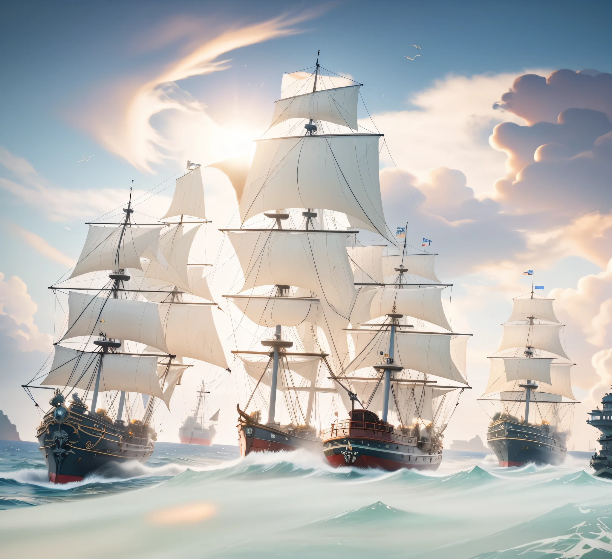 cinematic ligh, k hd, Many ships, galleon, Game CG, harbour, epic naval battle, ((Ship)), Sea of Thieves, mobile game, CG modeling, 《Sea of Thieves》styled, a sea battle, key art, king of pirates, naval battles, Big picture, Sea view, spray, Clouds, Epic architecture, Light penetrates the clouds, ((Close to the coast)), Close to the port, ((Shore construction)), Land and sea