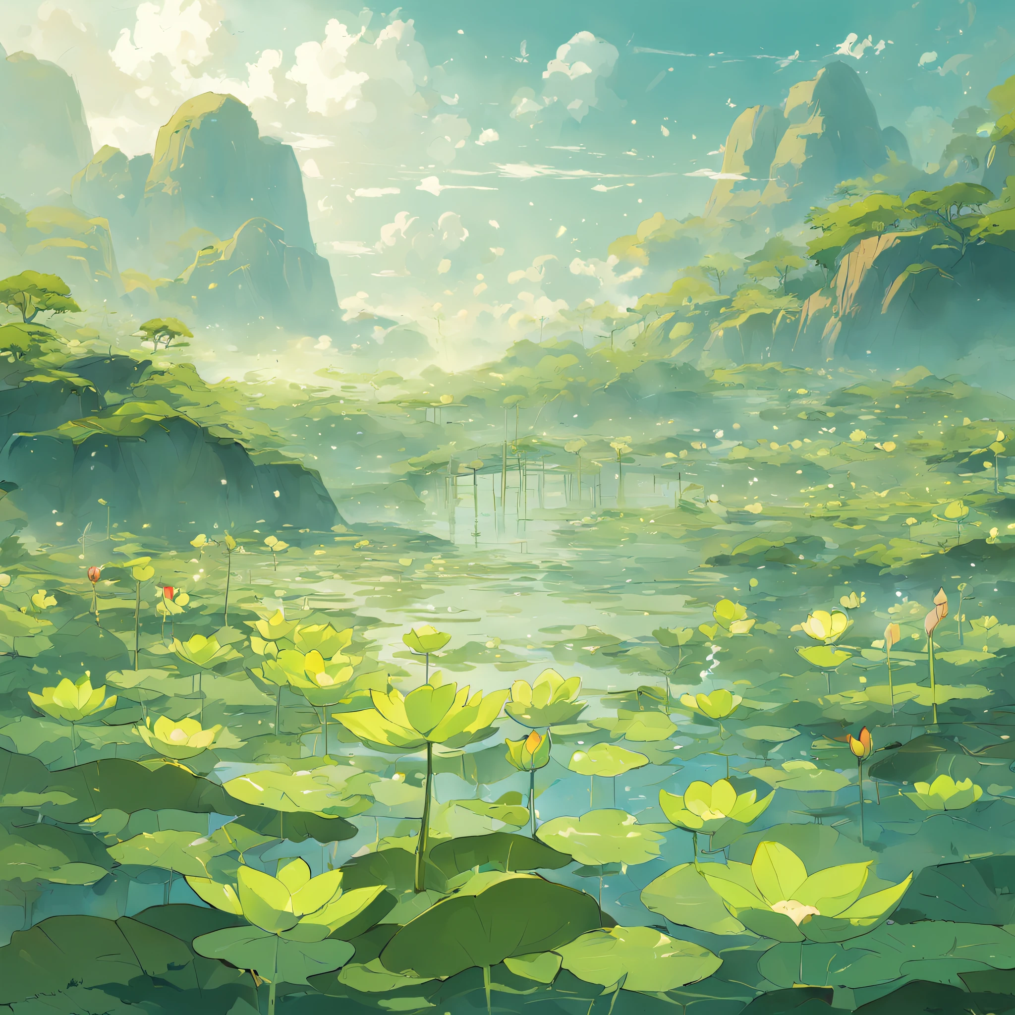 (White background:1.4),(Guochao illustration style,Green is the main color,The overall picture is empty,On the right, center, there is a red sun,Below is the lotus pond,There are six very large lotus flowers in the lotus pond,Some lotus flowers contain buds and some bloom,There are several hazy mountains in the background,There are ethereal clouds in the air,(Chinese illustration:1.3,),( reasonable design, Clear lines, High sharpness,Best quality, Very detailed, Masterpiece, movie light effect, 4K )