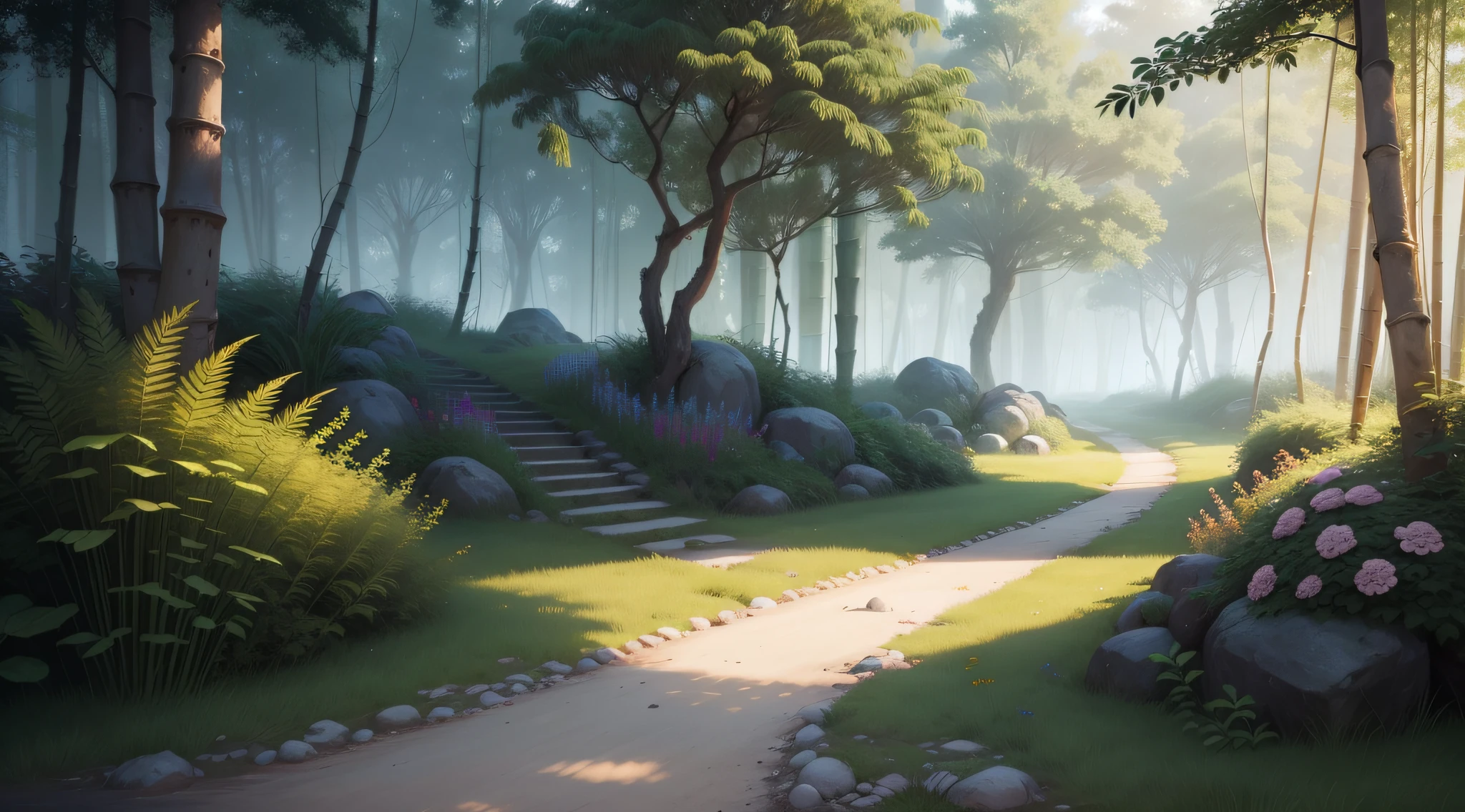 Dense Forest, trees, long Grass, flowers, small rocks, dirt pathway, old, overgrown, bamboo