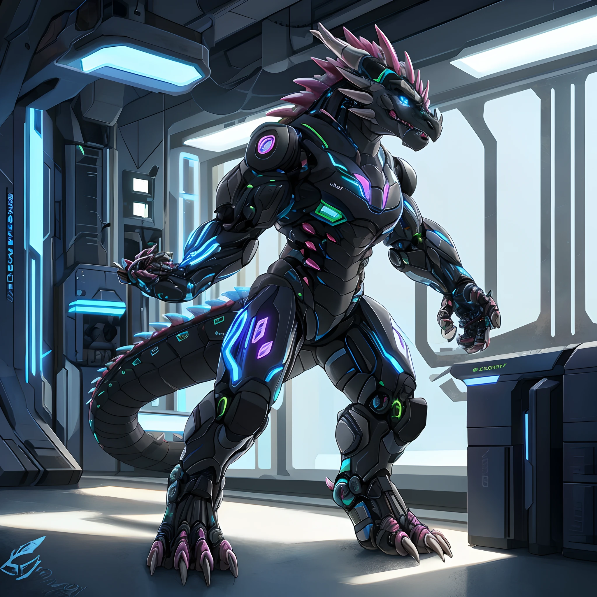 A slender male cyber mech dragon suit with big sharp eyes is wearing a large amount of urine from the tip of his penis.