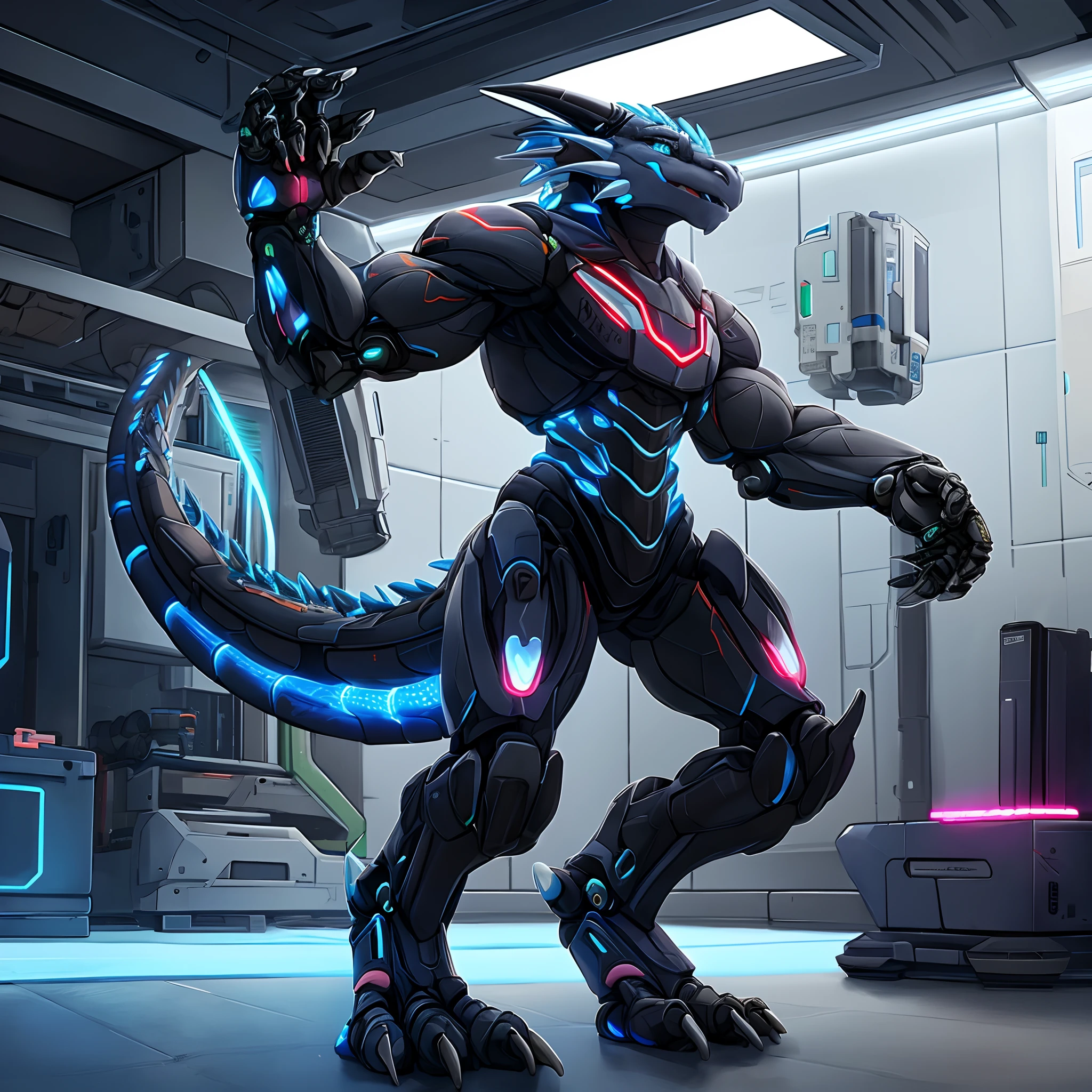 He sits with his legs spread on a bed in cyberspace, urinating copiously from the tip of his erect mechanical penis.、Full body of a slender male cyber mecha shark dragon suit with large claws