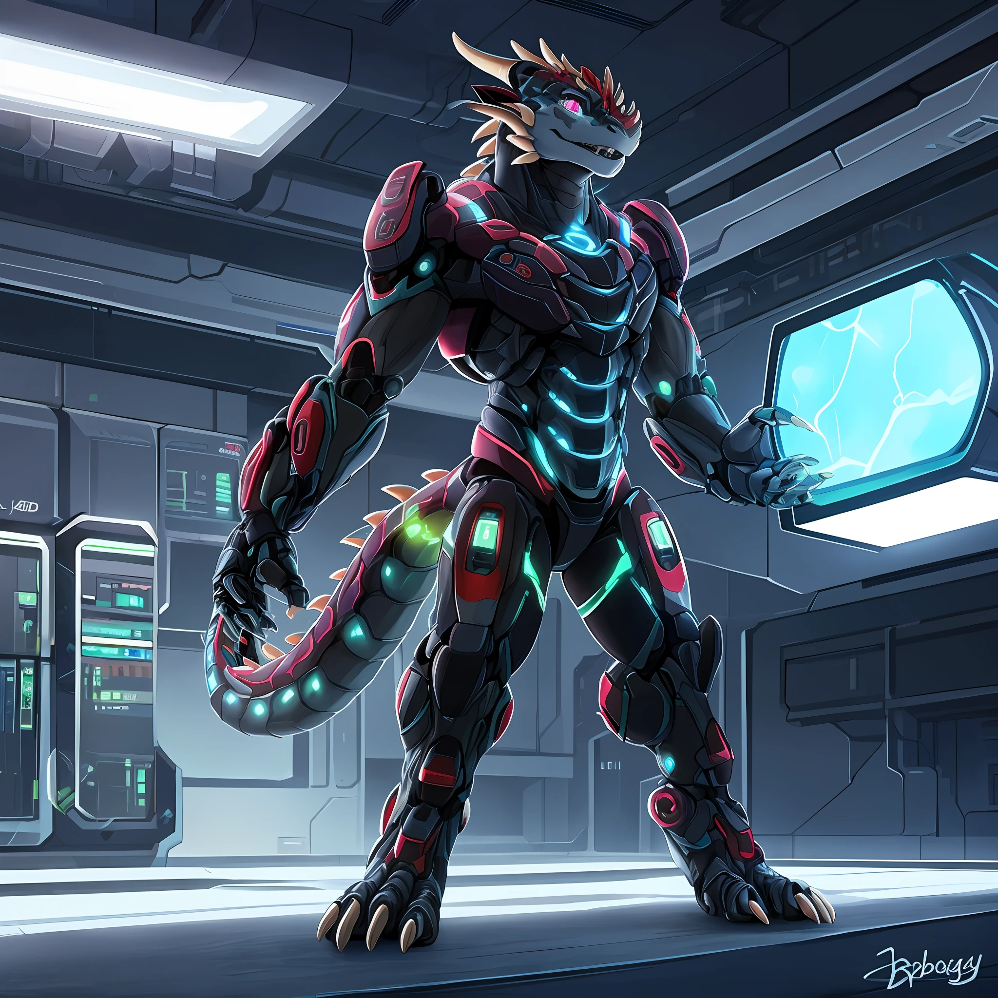 An advanced bionic mech, cybrog, anthro, dragon, female, full body, Muscle, Delicate face, Delicate eyes, 1 tail, (glowing LED), energy, digitigrade,inside in room,