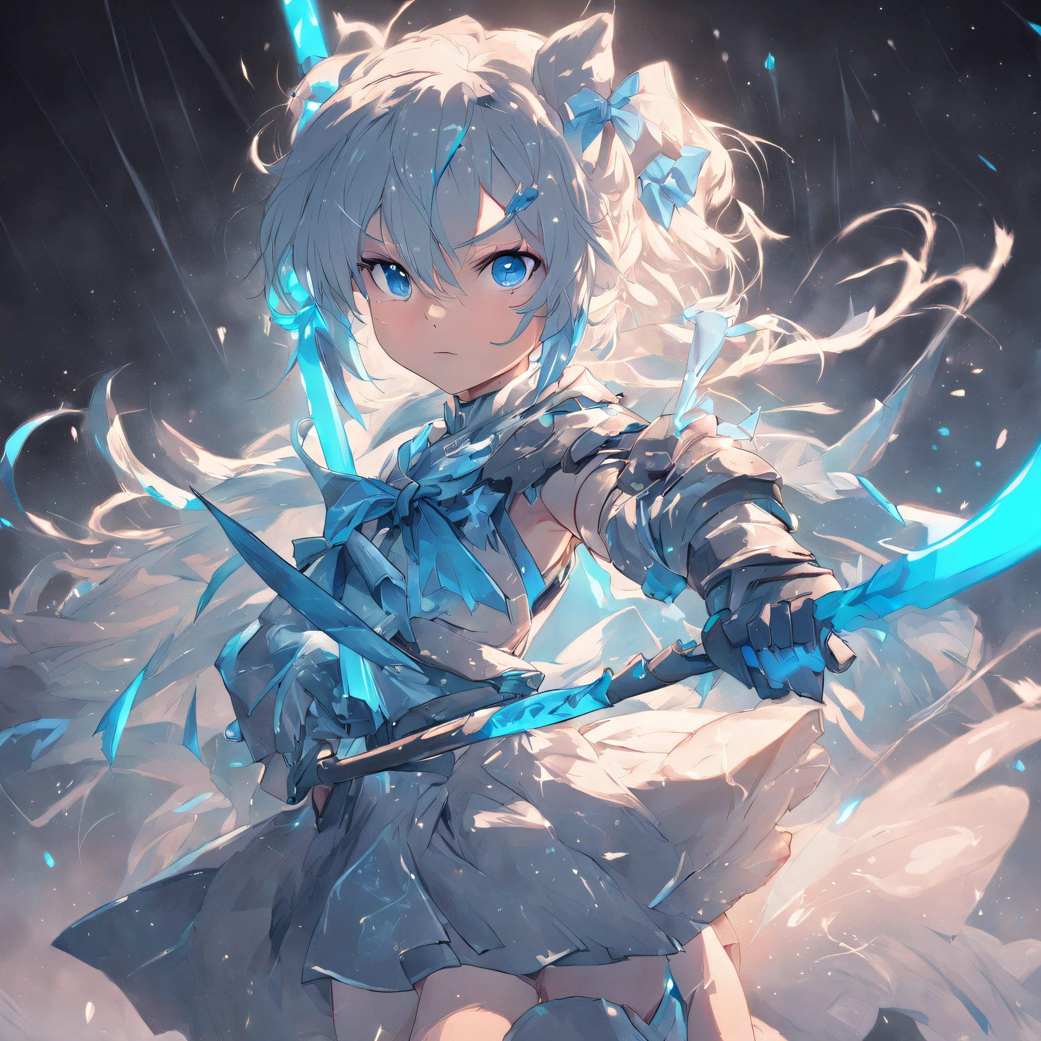 A closeup of a woman,With a bow in his hand, 2D,anime fantasy artwork,whaite hair,Blue eyes with blue streamers,Wear armor with blue as the main color,bow and arrow pose,Step into mid-air