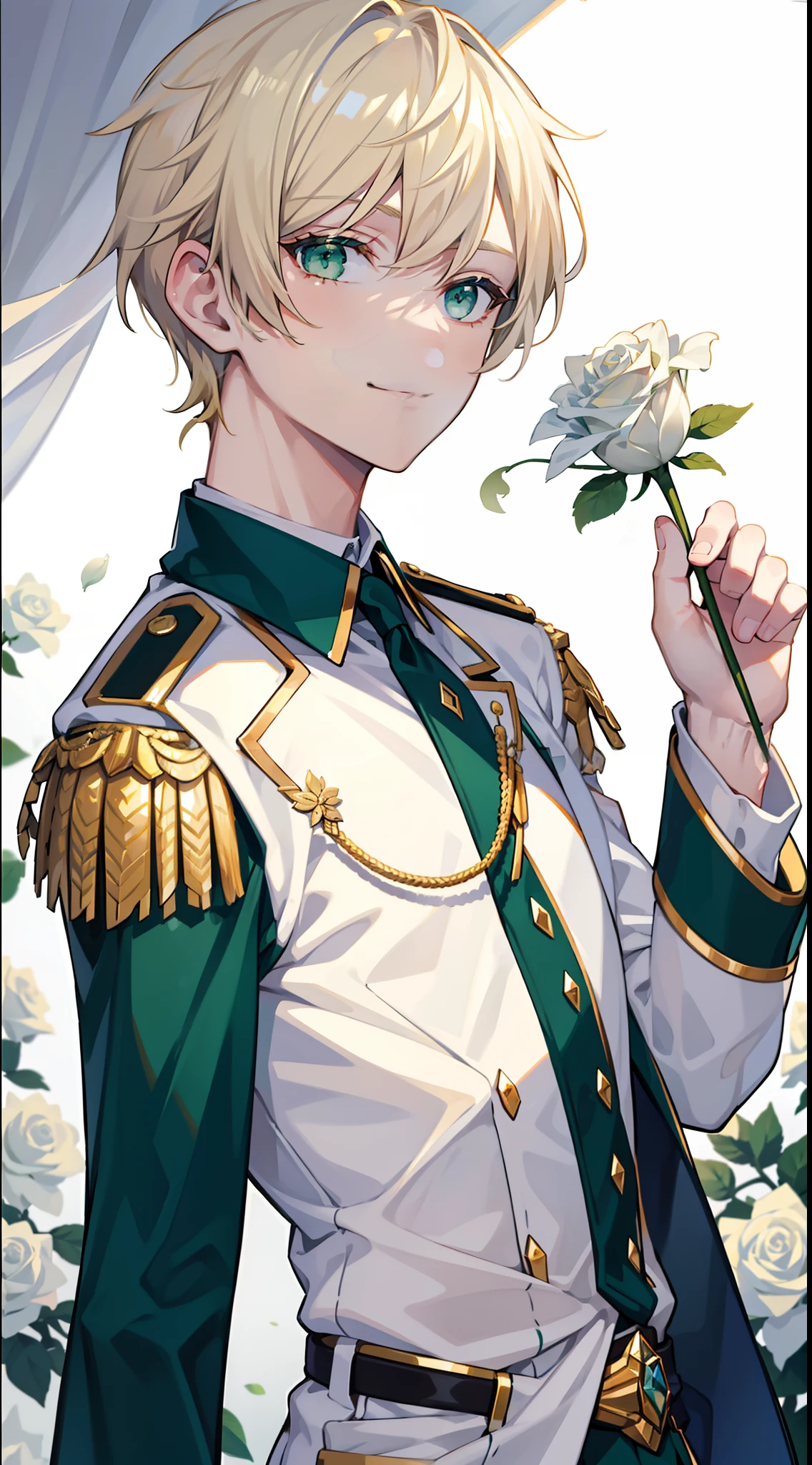 Young guy, short blonde hair with white strands, Green eyes, white officer's uniform, ssmile, White rose in hand, Crystal Rose, Masterpiece, hiquality