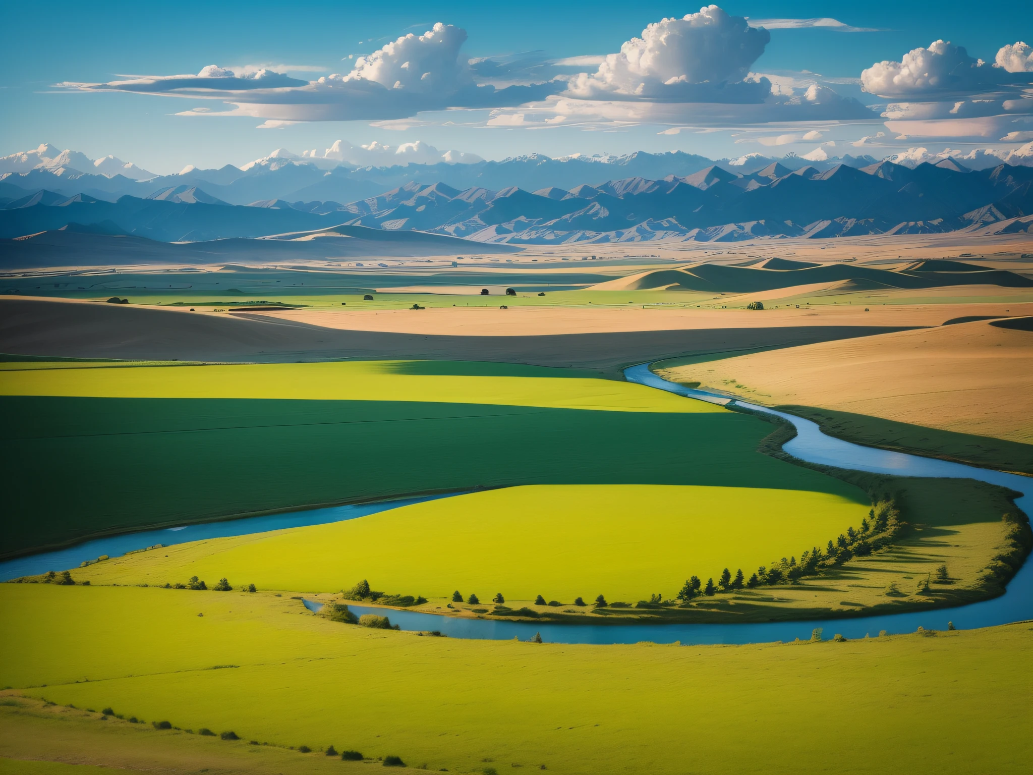 Simulating the Xinjiang steppe, there are flocks of sheep in the distance, there are big clouds in the sky, the sky is very blue, the ground is an endless grassland, the grassland is all green, there is a long river in the middle of the grassland, the river is far away, and the ground is all grassland