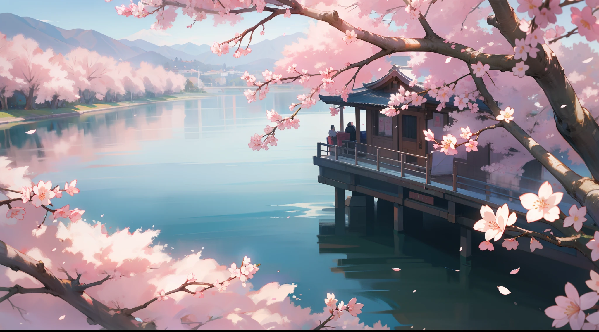 "And the wind in the night，By the lake，A beautiful sight of cherry blossoms blooming，"
