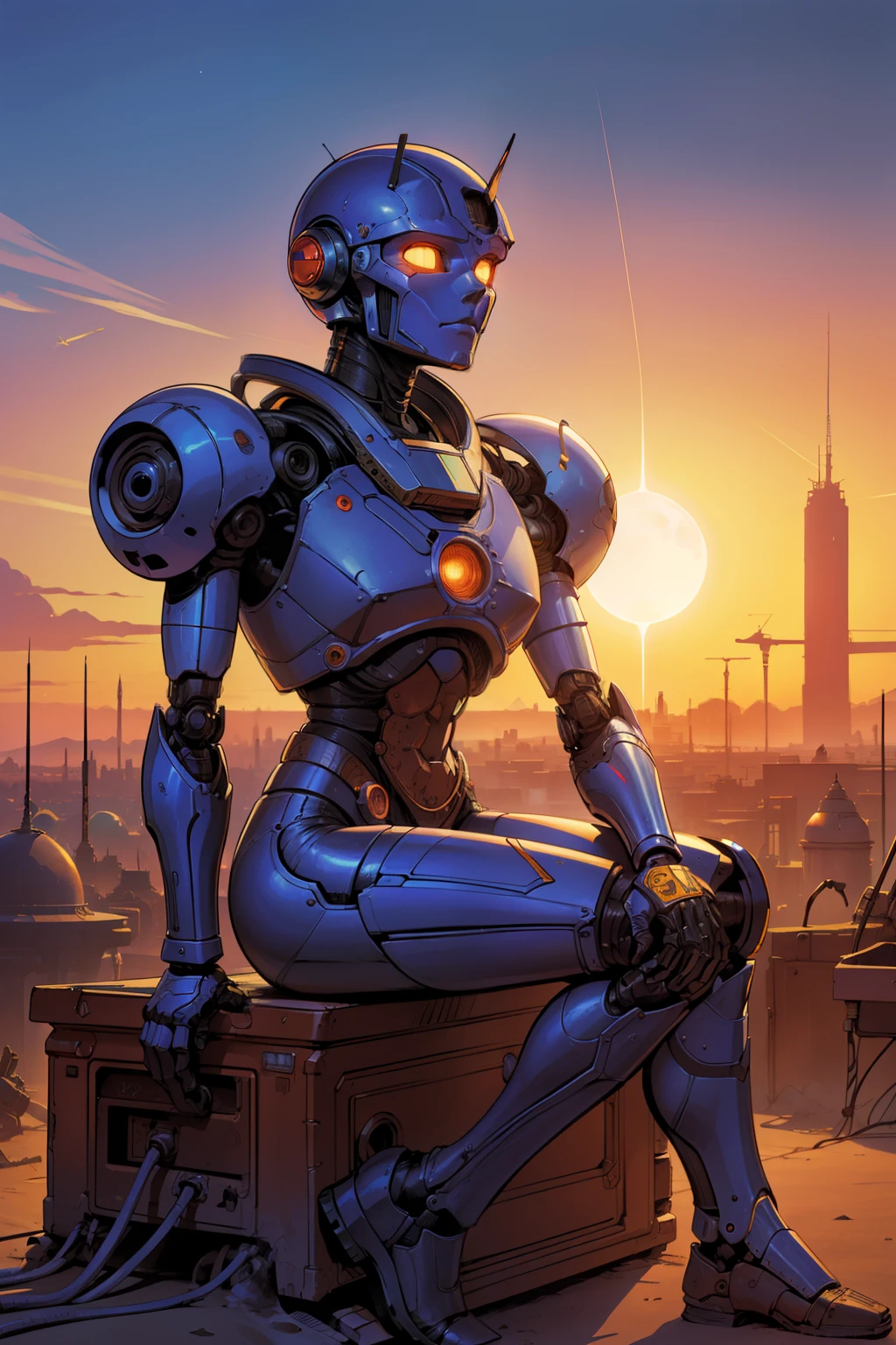 A robot sitting watching the sun set over a dead city, its body is made with parts from old machines,  by moebius, masterpiece, best quality, intricate, highly detailed:1.1, drawing, Jean Giraud