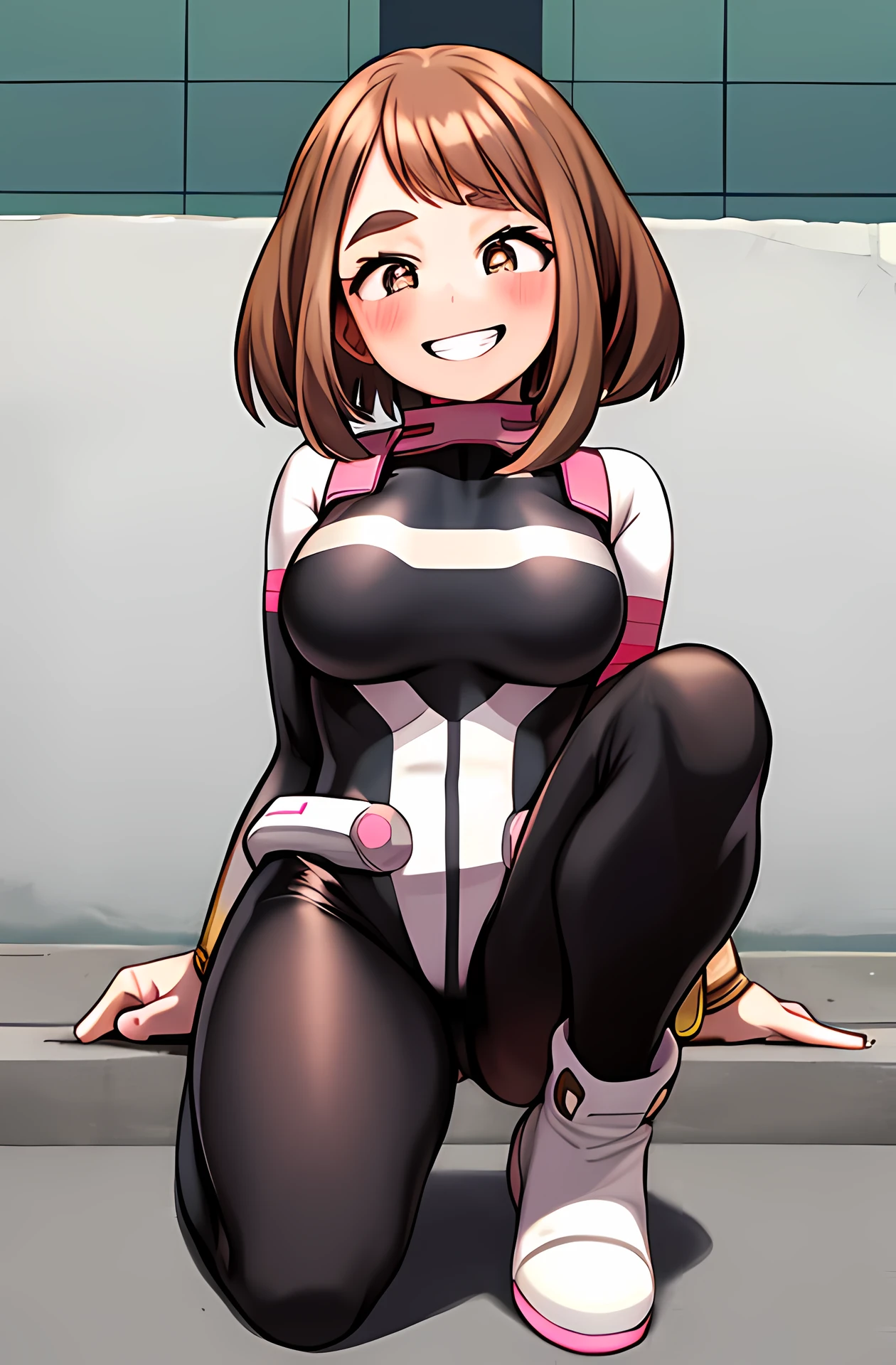 horikoshi kouhei, 1girl, uraraka ochako, absurdres, bangs, black bodysuit, blush, bodysuit, boku no hero academia, boots, breasts, brown eyes, brown hair, clenched hands, commentary request, eyelashes, full body, grin, highres, looking down, medium breasts, medium hair, skin tight, smile, solo, teeth, white footwear <lora:horikoshi_kouhei-