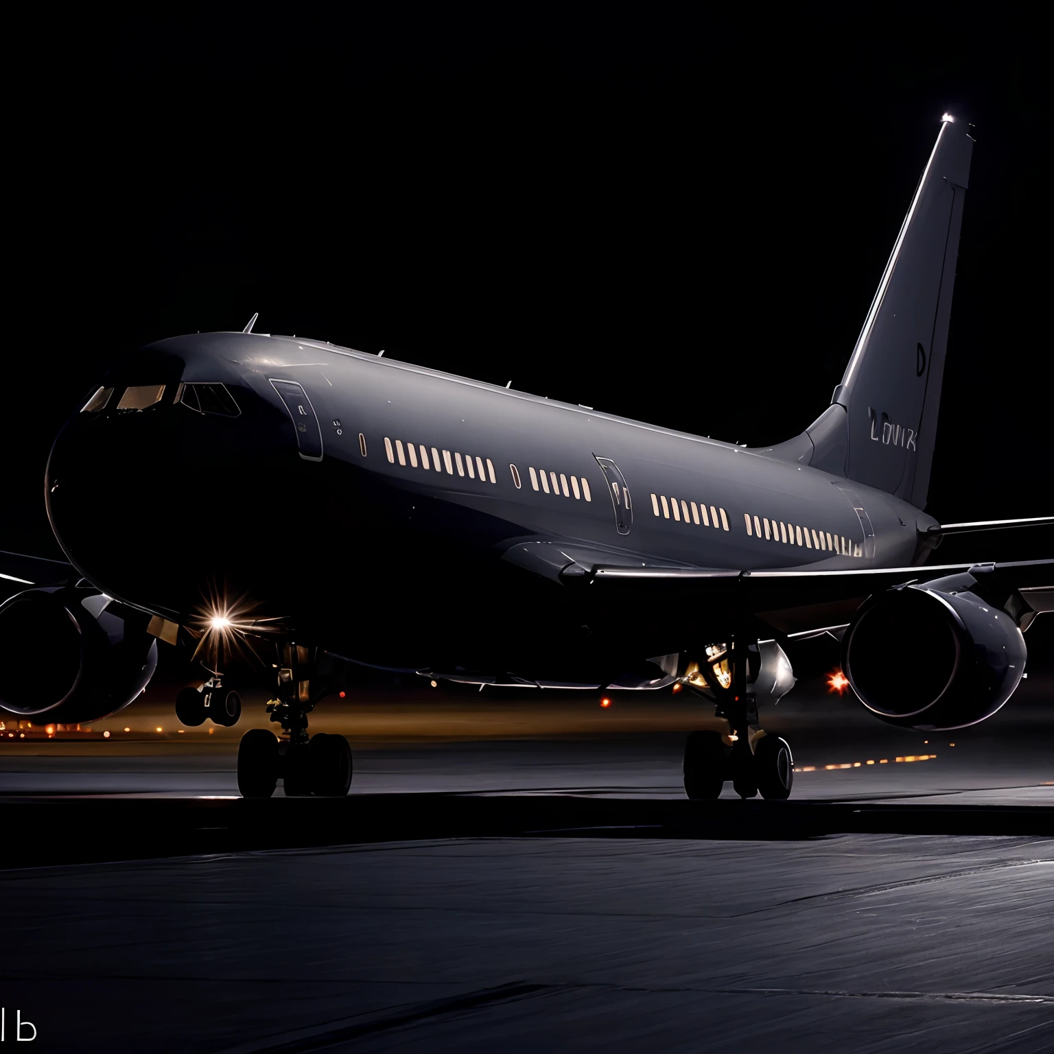 plane taking off at night on a dark runway with its windows lit up