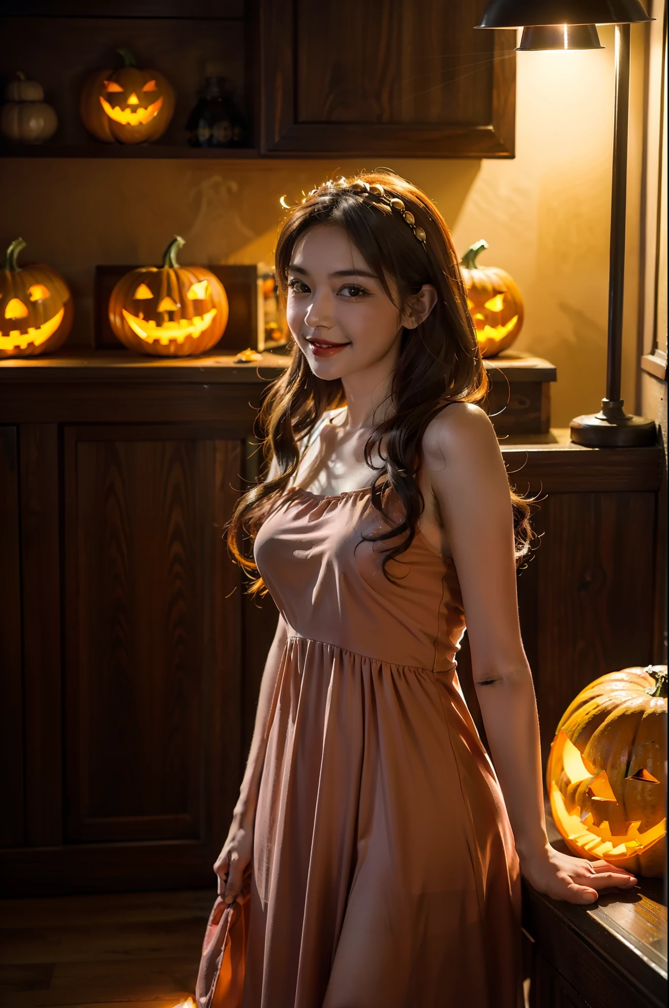 Beautiful Young girl in Halloween costume、long-one-piece dress, day time、Halloween Pumpkin, Halloween Candles, Detailed face, Beautiful eyebrows, Smile,photos realistic, 8K Movies