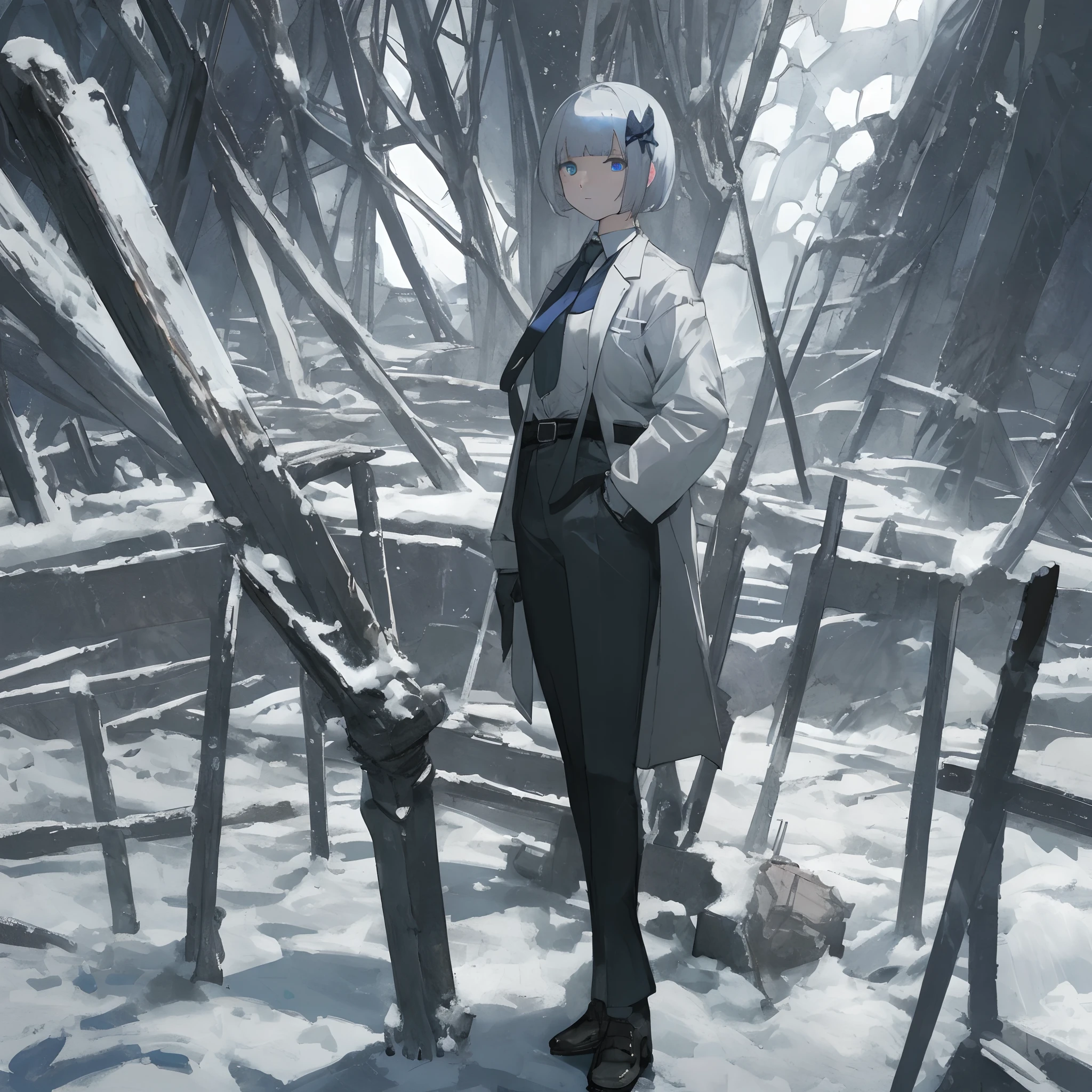 height 150 cm, white business suit, dark blue tie, white gloves, AA cup, expressionless, slanted eyes, girl, short-haired, thin, blunt bangs, eyes without highlights, white business pants, black belt, no skin except the face exposed, unhealthy and snow-white skin, gray hair, shadows under the eyes, late s, the place is dimly lit and snow-covered broken church, contemptuous eyes, shading intensifying, Blue pansy hair ornament, empty eyes, expressionless, long sleeves, legs a little thick, dark blue eyes, standing, alone, burn marks on the right side of the face, the time is midnight, the sky is full moon, one hand in the pocket