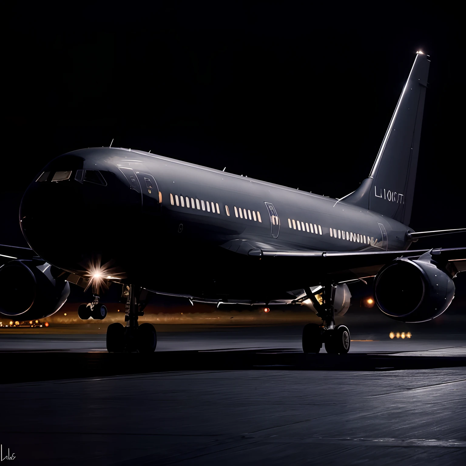 plane taking off at night on a dark runway with its windows lit up