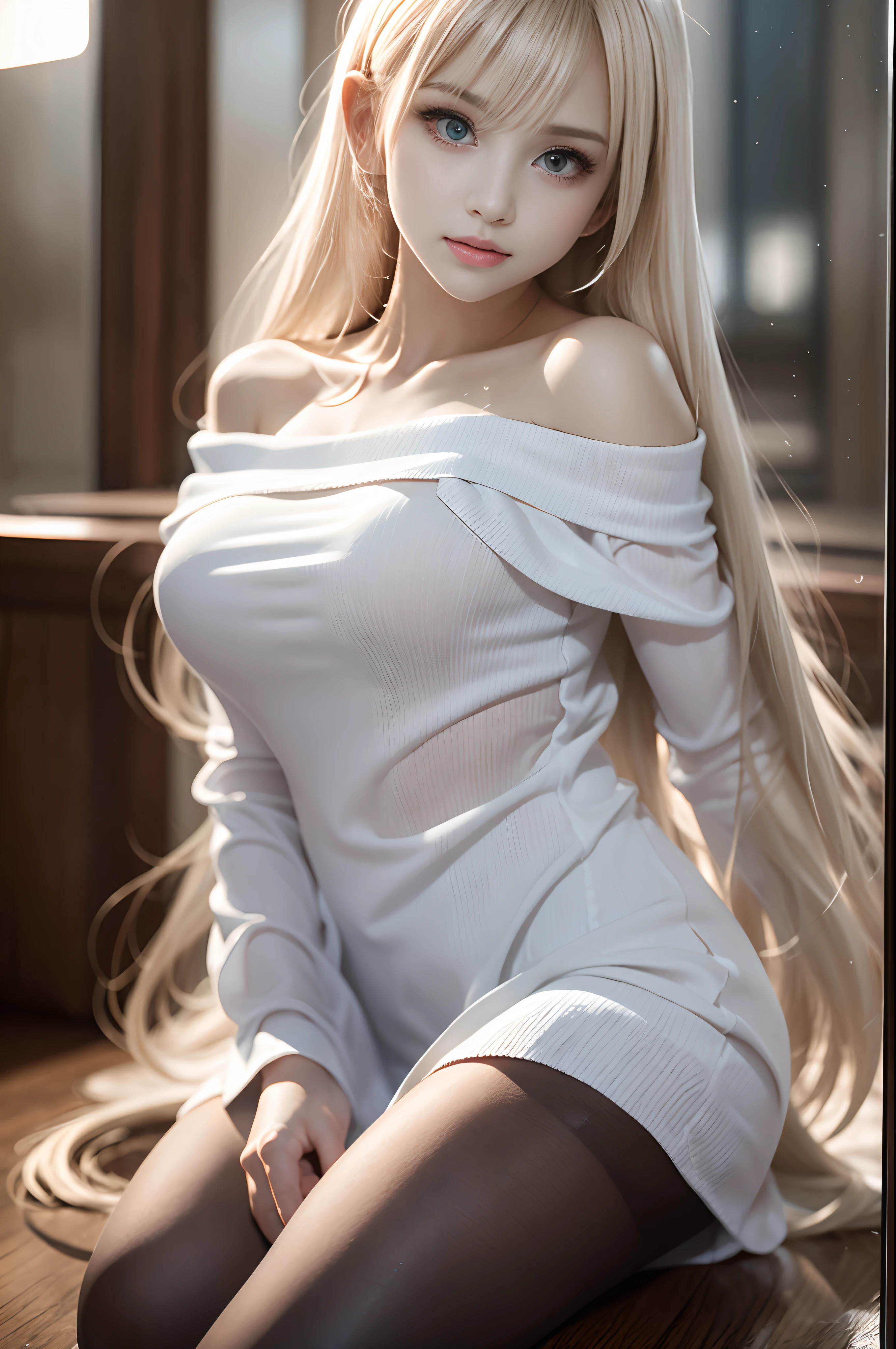 bright expression、Young shiny shiny white shiny skin、Best Looks、Blonde reflected light、Platinum blonde hair with dazzling highlights、shiny light hair,、Super long silky straight hair、Beautiful bangs that shine、Glowing crystal clear attractive big blue eyes、Very beautiful nice cute 16 year old girl、Lush bust,Beautiful detailed eyes, beautiful detailed nose,(( Full body:1.5)),Makeup that the eyes emphasize、,(Women like Joan of Arc)、Royal style,Comic style, , Sub-surface scattering, ornate detail, nature backdrop, Hyper-realistic, ((Cinematic)), Dramatic Lighting, masutepiece、((Off-the-shoulder white shirt dress:1.4))、((Fight on the battlefield))、(Loose and fluffy perm:1.4)、1 girl in、((Bob Hair:1.3))、Ultra realistic 8K CG, Picture-perfect face, flawless, clean, masutepiece, Professional artwork, famousartwork, Perfect face, Beautiful face, Beautiful eyes, ((Perfect female body)), Solo,(Immersive atmosphere, Chiaroscuro:1.5,Bright light:1.2,Luminous lighting),(blush:0.5),fascinated expression,Extremely detailed_Eyes,thick thighs,Large breasts,beautifullydetailedbackground,depth of fields,Realistic:1.3, longshot,Sitting, Full body, (ambient lights:1.3),(Cinematic composition:1.3),(Neon light:0.1),(nffsw:0.1),Accent Lighting, pantyhose,((dynamicposes))