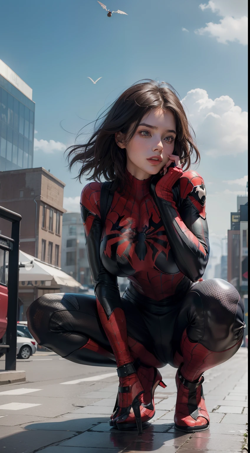 A sexy woman,age 22,messy shortt hair,Perfect facial features,Beautiful facial details,Detailed skin details,Visible pores,huge tit,she is in a spider-man suit,There is a spider pattern on the chest,Red and black color scheme,Squat with your legs open,Full body photo,Roof background,looking over city,Transparent clouds,8K,Realist painting style