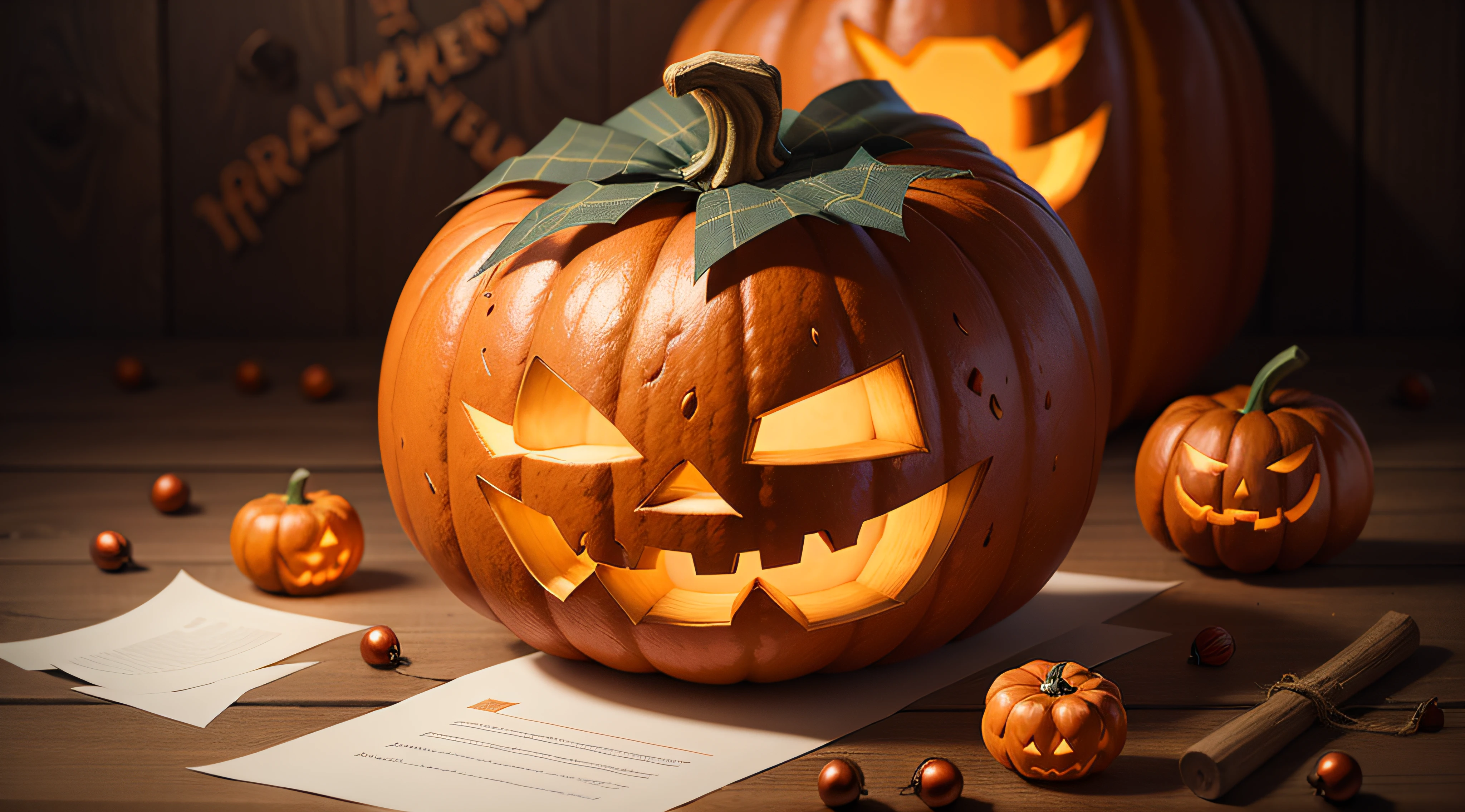 Professional realistic photo,festive Halloween pumpkin,spider decorations,blank board for advertising,high quality