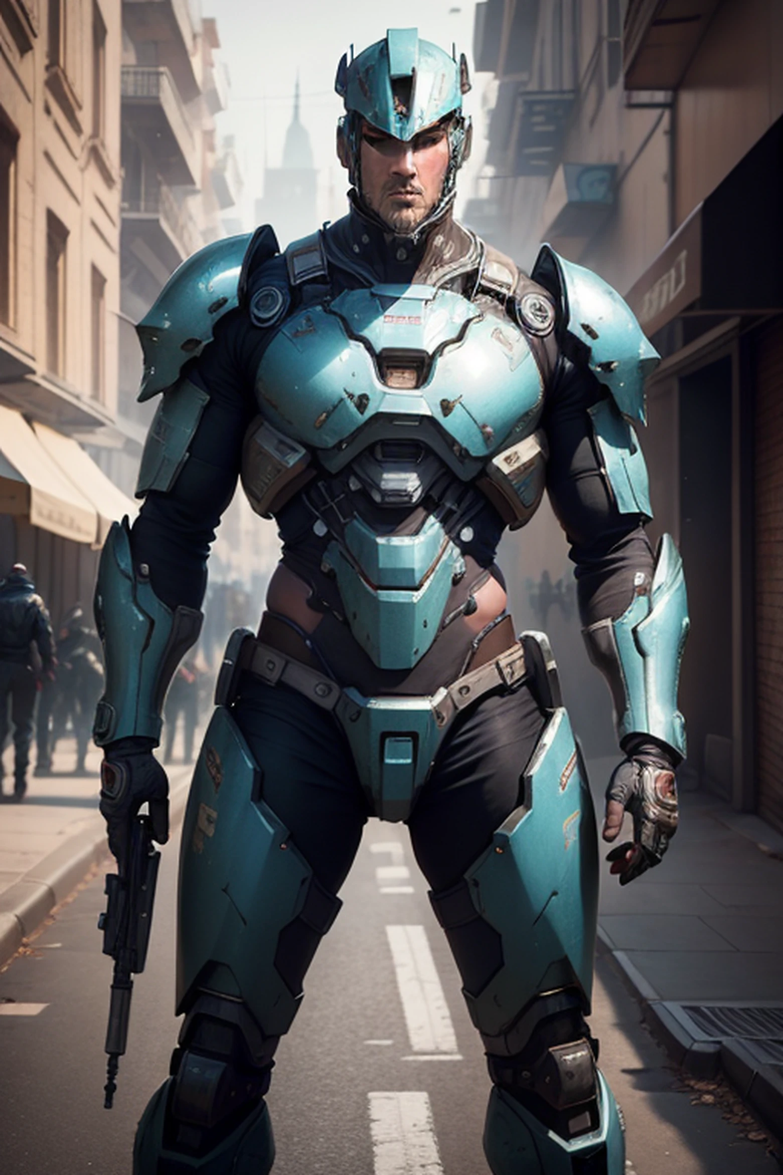 Dressed in shabby mech suits, intricate, (steel metal [rusty]), elegant, clear focus, photographed by Greg Rutkowski, soft lighting, bright colors, masterpiece, ((street)), cowboy shooting, dynamic pose,
