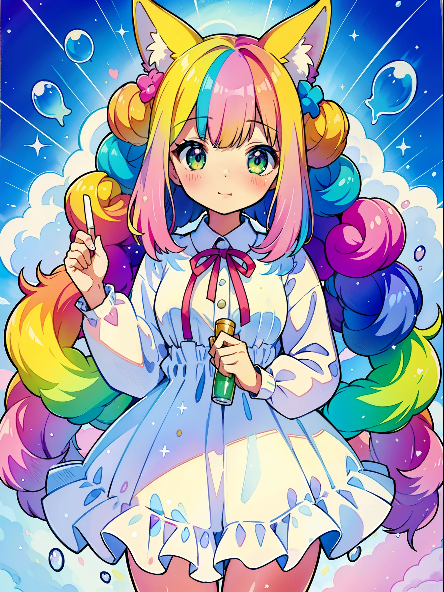 Yumekawa 、Cute as a dream、a pale、Moya、(​masterpiece、top-quality、top-quality、watercolor paiting(Curly)、Take a cute cat、Official art、Beautifully Aesthetic:1.2)、(a beauty girl:1.3)、patterns、(rainbow-colored hair、colourful hair:1.2)、Soap bubbles、Rainbow behind、​​clouds、colourfull、Soap bubbles、Hair spreads throughout、kawaii、pastels、Large ribbon、Lovely room、Rainbow Cat Plush Toy