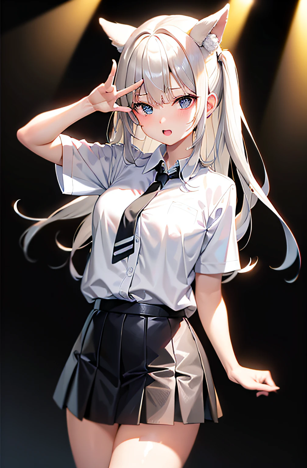 Best Picture Quality,超高分辨率,1个Giant Breast Girl,Fresh white shirt,a black skirt,Fashion collar,Cute temperament,Kpop idol style,Charming eyes,Cute eye bags,Shiny platinum blonde hair,Naturally a little swollen eyes,Standing in front of the audience,Confident overall image,facing the front there。