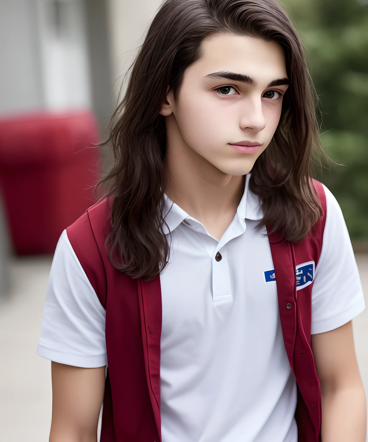 Black hair, red eyes, delicate and beautiful male high school student