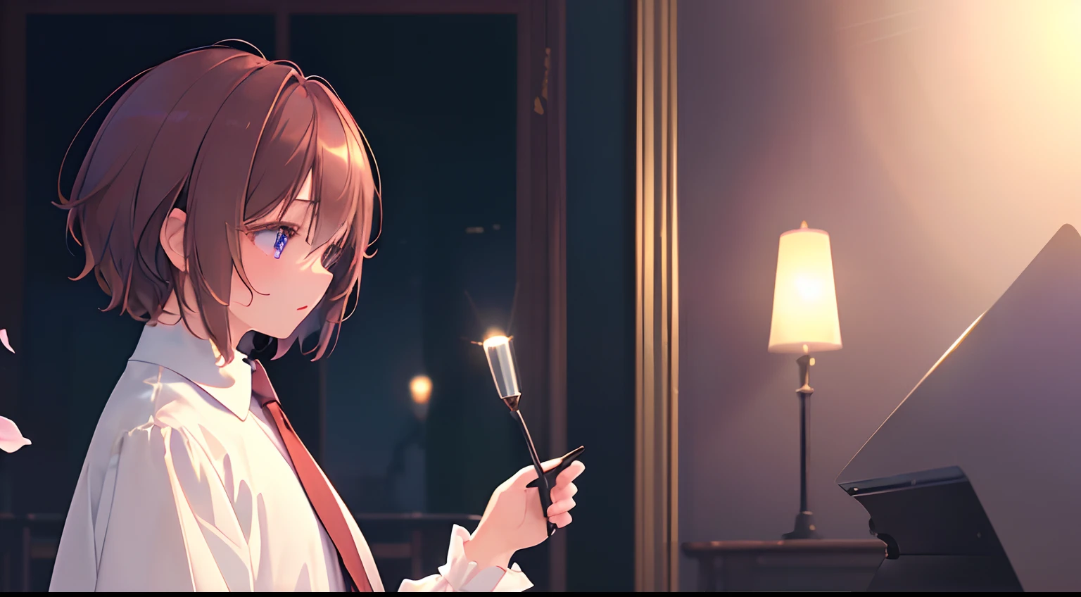 (masterpiece:1.21), (top-quality:1.331), ((ultra-detailliert)), ((Superb illustration)), ((astounding)), (An ultra-high picture quality), Gorgeous and rich graphics, (extremely delicate and beautiful:1.21), 8K, wall-paper, (Very beautiful lighting), hard lights, delicate composition, (Perfect composition), (Very beautiful and detailed background:1.21), Rembrandt-style representation of light and shadow, Dark Tone, (Unobtrusive, highly dispersive color scale), ((depth of fields)), deep-shadows, dynamic ungle、From the side、The upper part of the body、Tall、Radial blur、(city light、blurry backround)、
(1 male)、male people、working adults、Boy、Man with flowers、(beautiful finely detailed eyes)、Clear purple eyes、Narrowed eyes、Lashes、Brown shorthair、fluffy hair、Will、
suits、neck tie、
lensflare、String Light、street、masterpiece、top-quality、