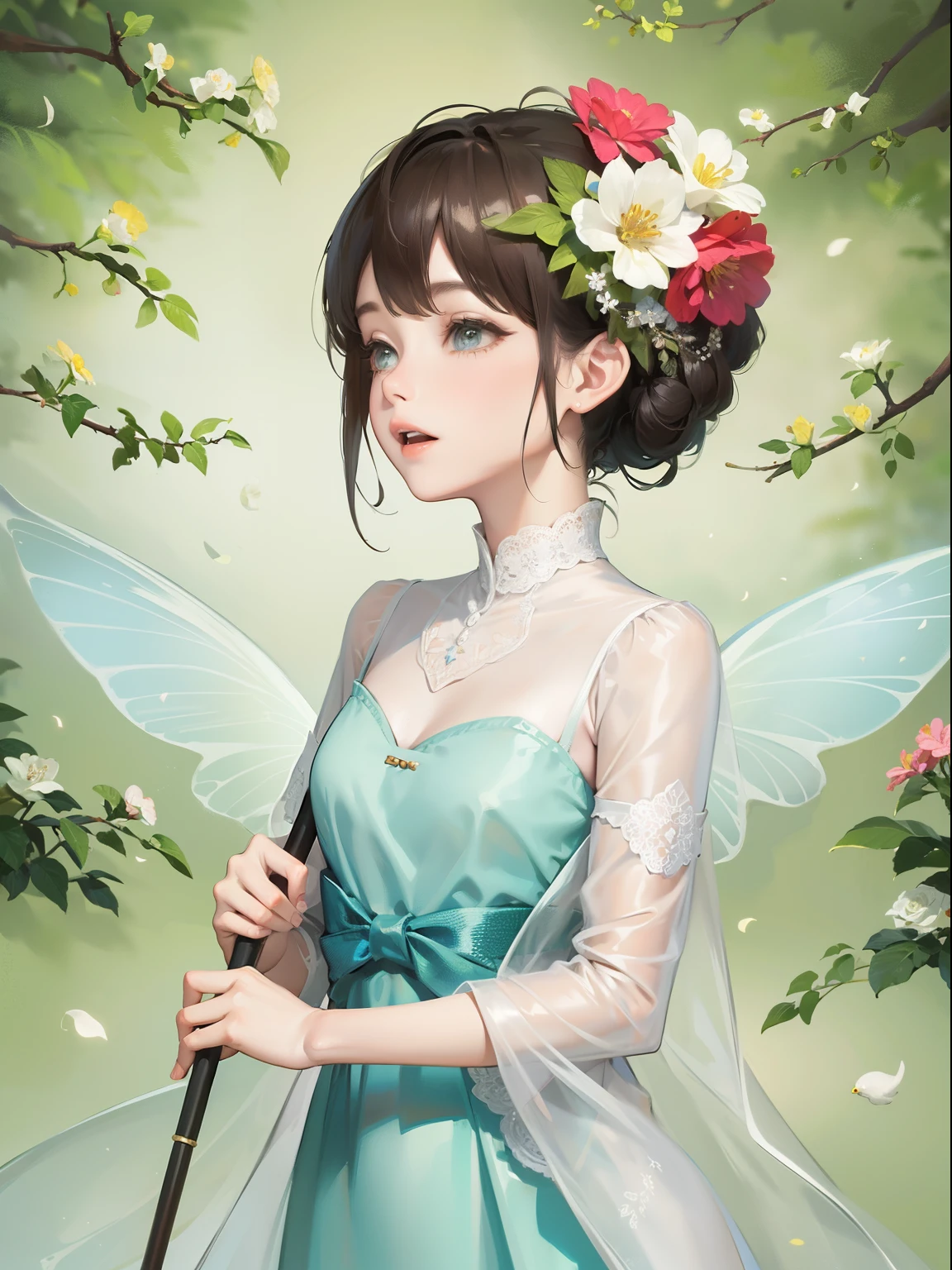 Flower fairy, Transparent colorful wings, Magic wand，The background is forest，fresh flowers，green trees，Outstanding quality，illustration，8k，High definition