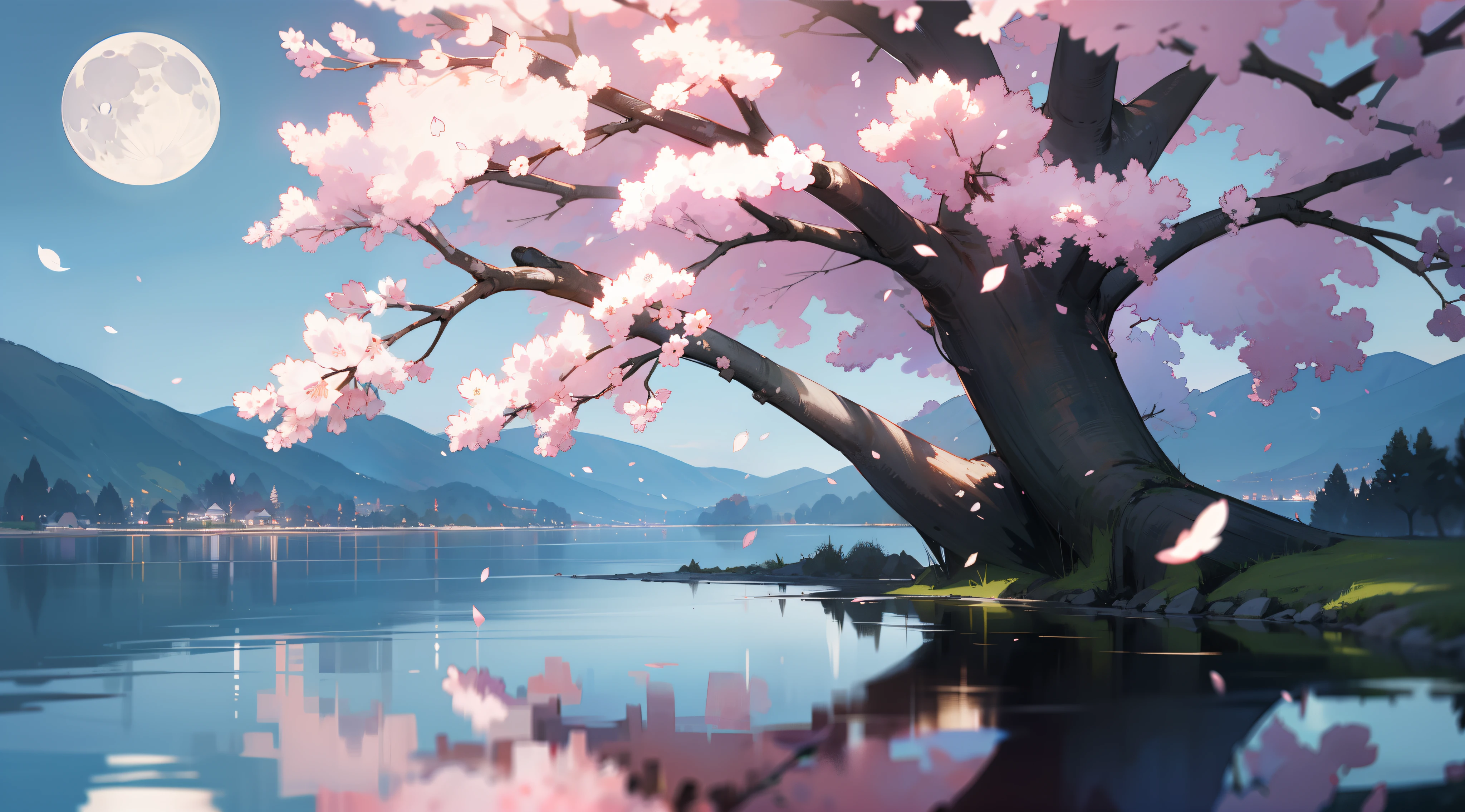 "There is a night breeze in the picture,By the lake,A beautiful sight of cherry blossoms in full bloom,night moon"It was dark