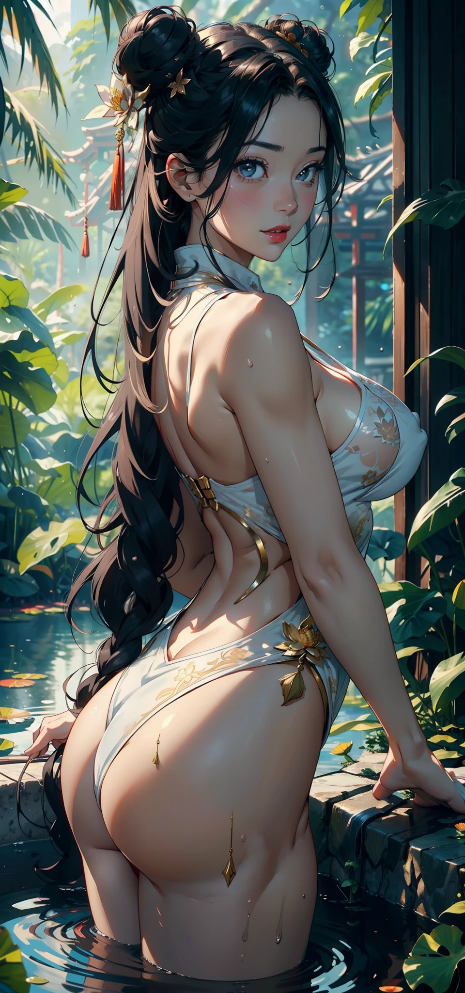 1female,36 years old,熟妇,mature,Bigchest,Big breasts Thin waist,long leges,Raised sexy,Pornographic exposure, 独奏,(Background with:Surrounded by lotus flowers,the rainforest,Lotus pond) She has short black hair,standing on your feet,Sweat profusely,drenched all over the body,seen from the front, hair straight, mostly cloudy sky,(((tmasterpiece),(Very detailed CG unity 8K wallpaper),best qualtiy,cinmatic lighting,detailed back ground,beatiful detailed eyes,Bright pupils,(Very fine and beautiful),(Beautiful and detailed eye description),Black eyes,Redlip,ultra - detailed,tmasterpiece,)),facing at camera,(The upper part of the body),A high resolution,ultra - detailed),revealing breasts,Bare genitalia, Bulge,legs are open,sexyposture,Camel toes,Flushed complexion,Open-mouthed,frontage,China Princess,double bun hair,Lotus hair ornaments(Wearing:White cheongsam,Gold wire embroidery)
