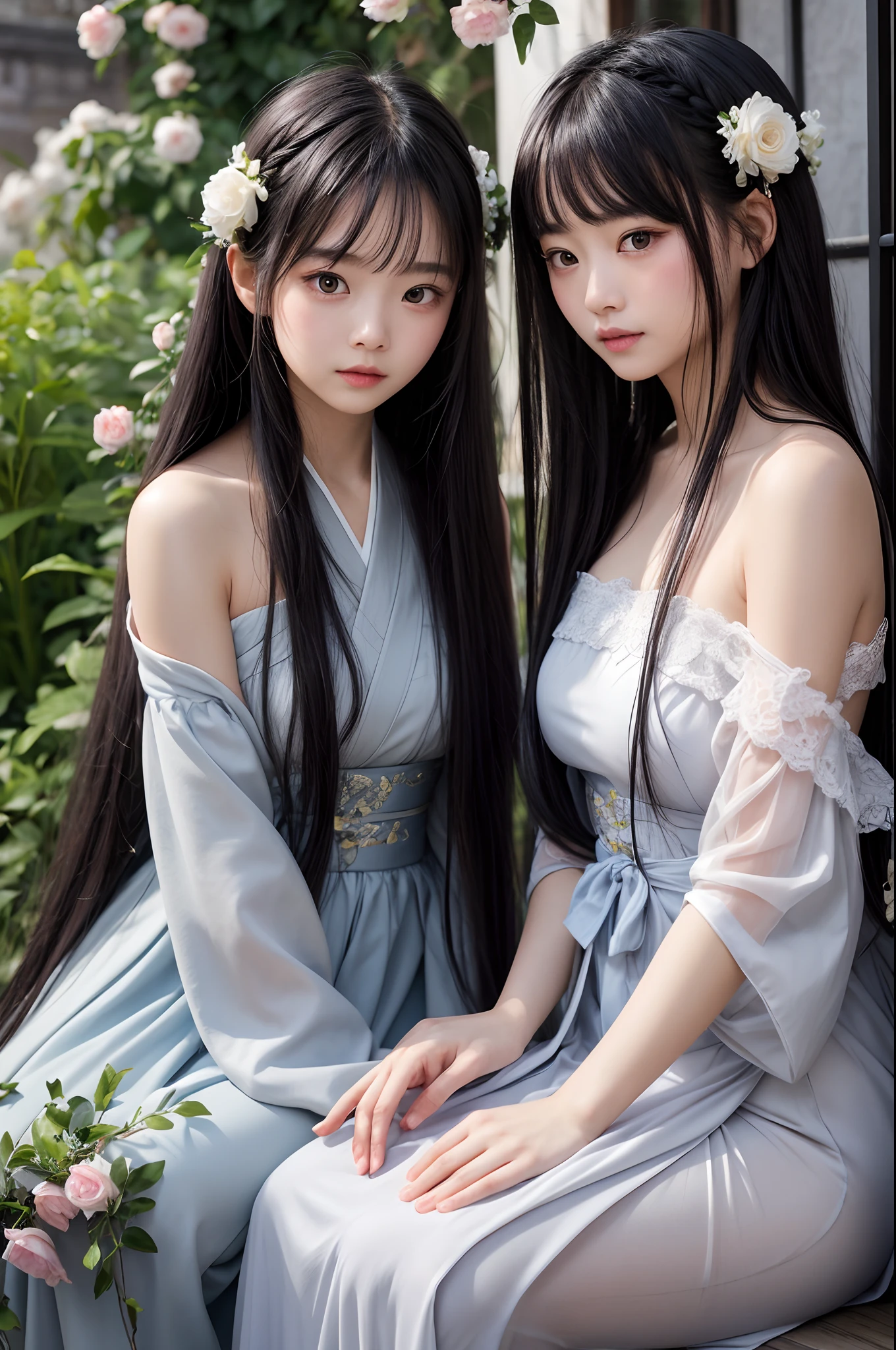 (two little girls:1.5,duo,stroking),lace,ribbon,hanfu,(masterpiece, sidelighting, finely detailed beautiful gray eyes: 1.2), masterpiece, realistic, glowing eyes,shiny hair,black hair,long long hair, lustrous skin, solo, embarassed,Strapless,exquisite,beautifly,garden,flowers,flying petals,