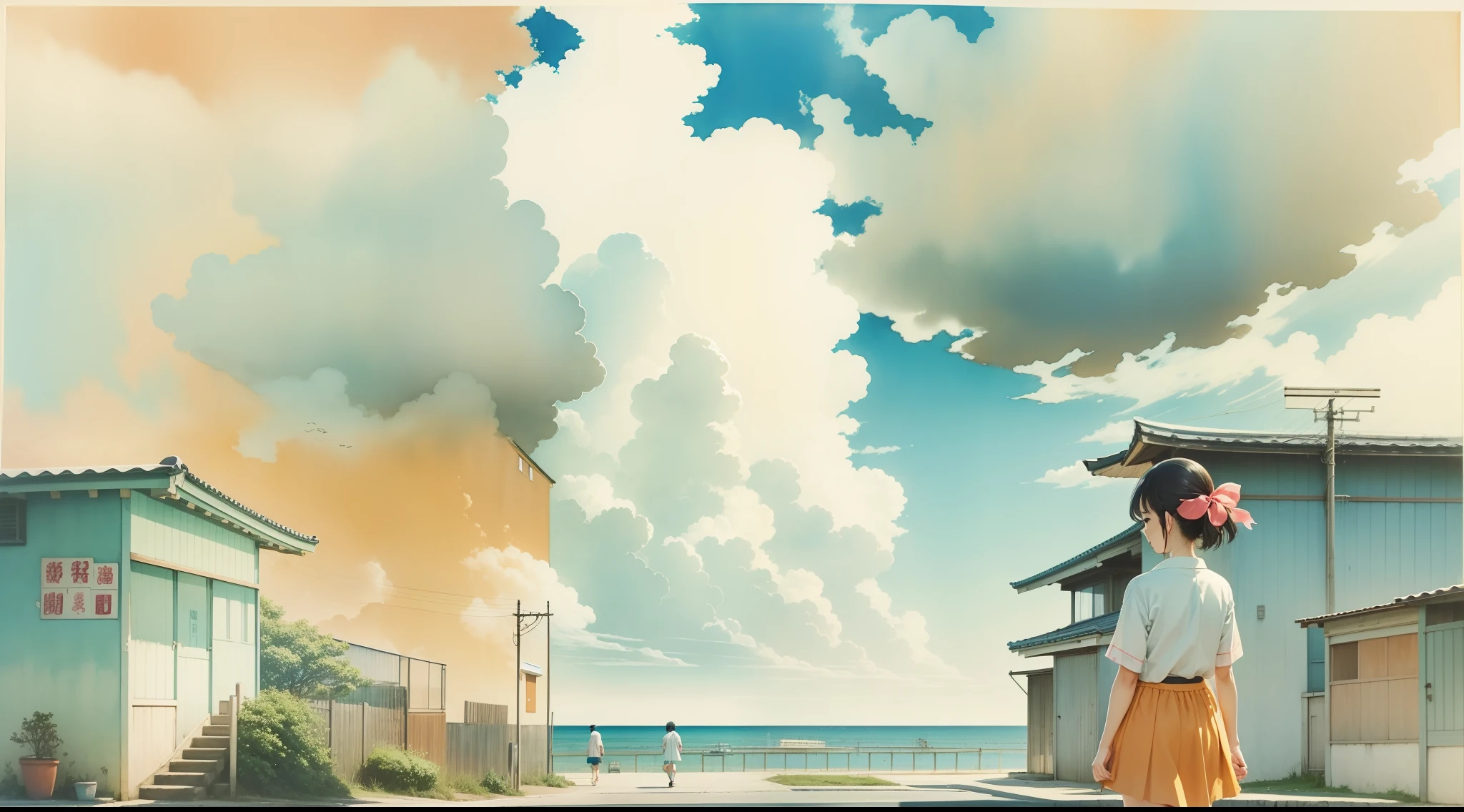 the sky is blue,in the style of lo-fi aesthetics,kishin shinoyama,watercolor,seaside scenes,rural life scenes,colorful sidewalk scenes, retrocore, s ō saku hanga.