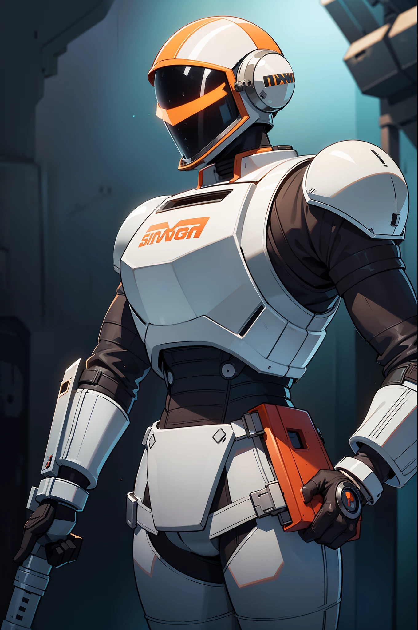 professional artwork, detailed eyes, beautiful eyes, beautiful face, flawless face, smooth features, short hair, beautifully detailed background, adventurous astronaut knight in bulky armored space suit, space suit looks like knight armor, space suit, thick heavy space suit, environment suit, hoses and tubes on suit, dials and switches, space suit backpack, nasa, nasa punk, nasapunk, astronaut, astronaut suit, cosmonaut, medieval knight, knight armor, leather armor and metal armor, mechanical background, sci fi, science fiction, futuristic, fantasy armor, full plate armor, medieval armor, knight helmet, knight visor, grilled faceplate, large helmet, big helmet, heavy collar, vacuum seal ring around neck, life support systems, rustic material, heavy stitching, thick leathers, armored breastplate, armored chest, leather gloves, rustic craftsmanship, adventurous, adventure, cute, smiling, shoulder pads, armor, white and orange outfit, heraldry, helmet on head, cassette futurism, gloved hands, bulky space suit, bulky suit, tubes and hoses, valves, mechanical, sword and shield, neon light, neon glow, neon, cuirass, pauldrons, chest armor, heavy metal chest armor, beam sword, plasma sword, light saber, knight, dome helmet, neck armor, sealed neck join, helmet is attached to collar around neck, astronaut helmet