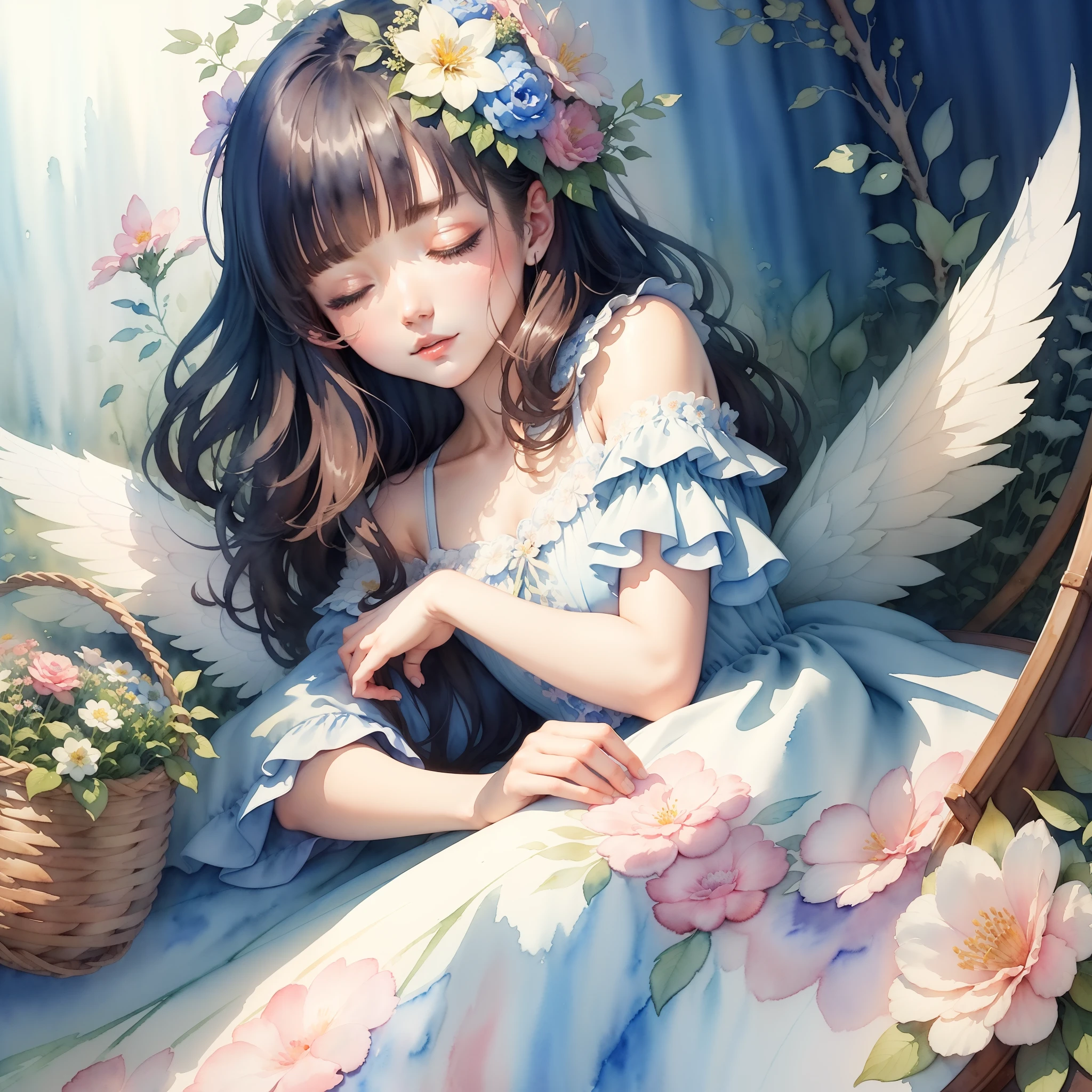 (masterpiece)、(top-quality:1.1)、(ultra-detailliert)、Best Illustration、detaile、(watercolor paiting:1.4)、(handdraw:1.2)、(Watercolor brush hair)、Flower fairy in blue dress sleeping in flower basket、Flower fairy with wings