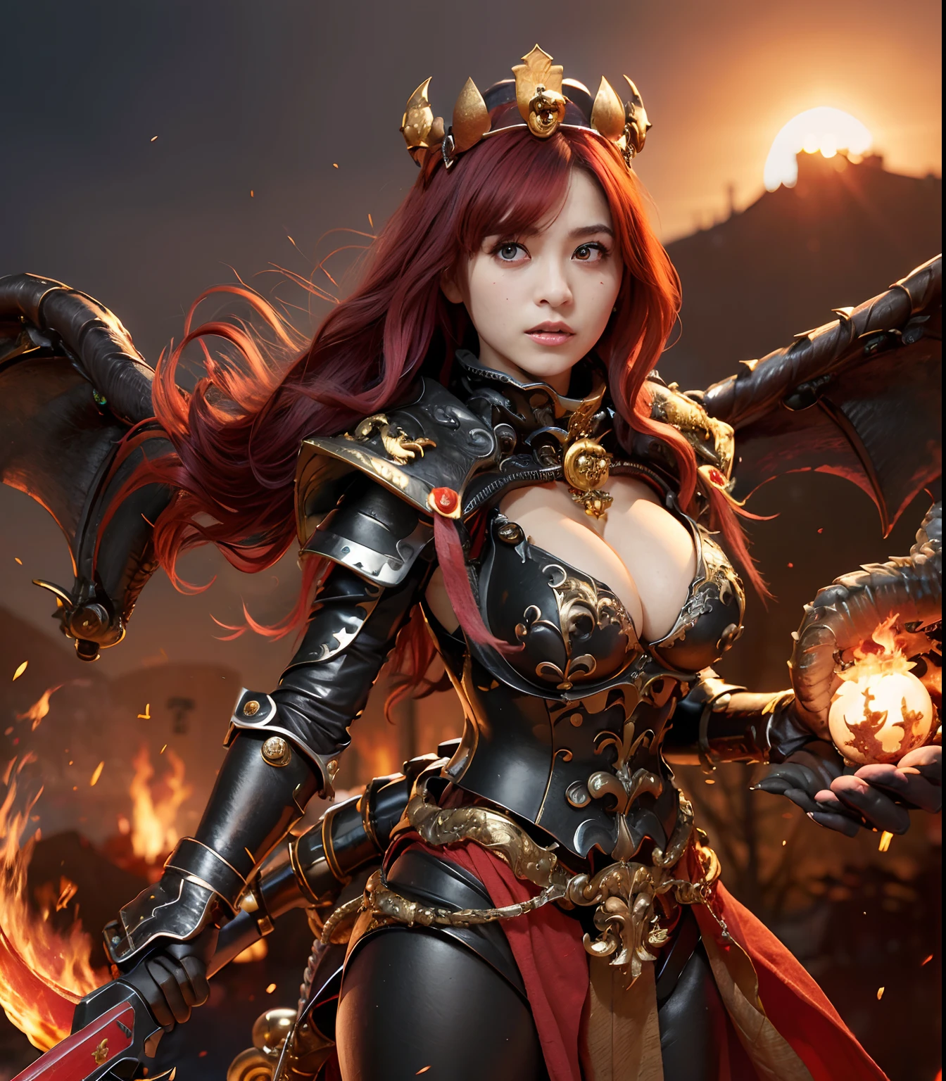 (masutepiece), Professional , ​masterpiece、top-quality、photos realistic , depth of fields （Gemstone Black Metal Body:1.９),(Matte Black、（cleavage of the breast）、Dragon Gold Weapon（Dragon Metal Body:1.４),Gorgeous Silver Weapons ,（（ Dragon's dense and gorgeous sword）） , Beautiful knife   ,warhammer 40k , adepta sororitas,Detail and gorgeous crown、（（Red hair））、（Castle background）、The dragon、（（Gangle's forest background））、Beautiful Caucasian beauty、（１a person）、dynamic ungle,(((Detailed and ornate Black Devil Crown)))、Smaller head、A smile、Castle background、Thin and beautiful female hands、cleavage of the breast、Soldier in iron armor on background、Mystical expression、Light Effects、intense fighting、Wind-effect、magic circles、With the legendary magic wand、（demonic wings）、